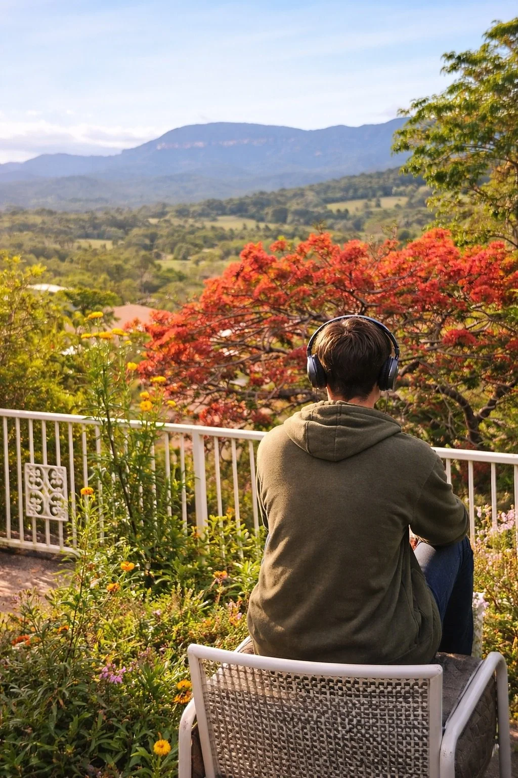 A person sitting on a patio chair with their back to the camera, wearing headphones and a green hoodie, overlooking a landscape of trees, rolling hills, and mountains during sunset.