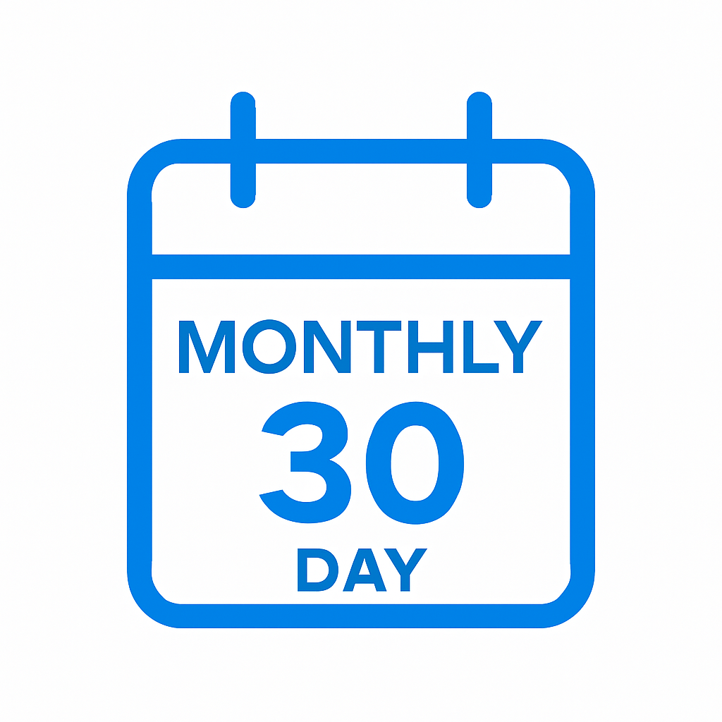 A blue and white calendar icon indicating a monthly 30-day period.