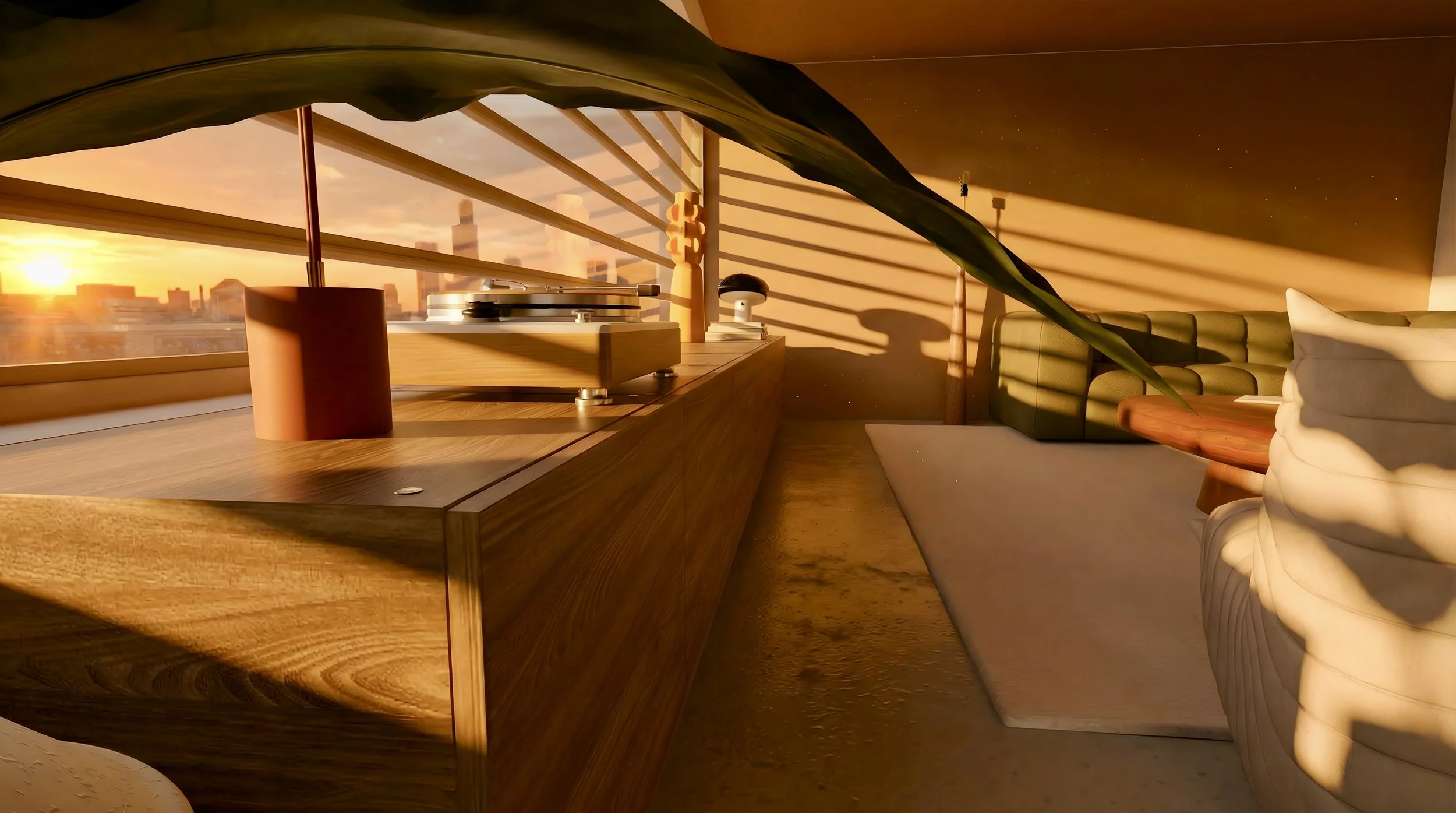 Intérieur d'un salon moderne avec vue sur la ville au coucher du soleil, mobilier en bois, grand canapé vert et blanc, vinyle avec platine et lampes.