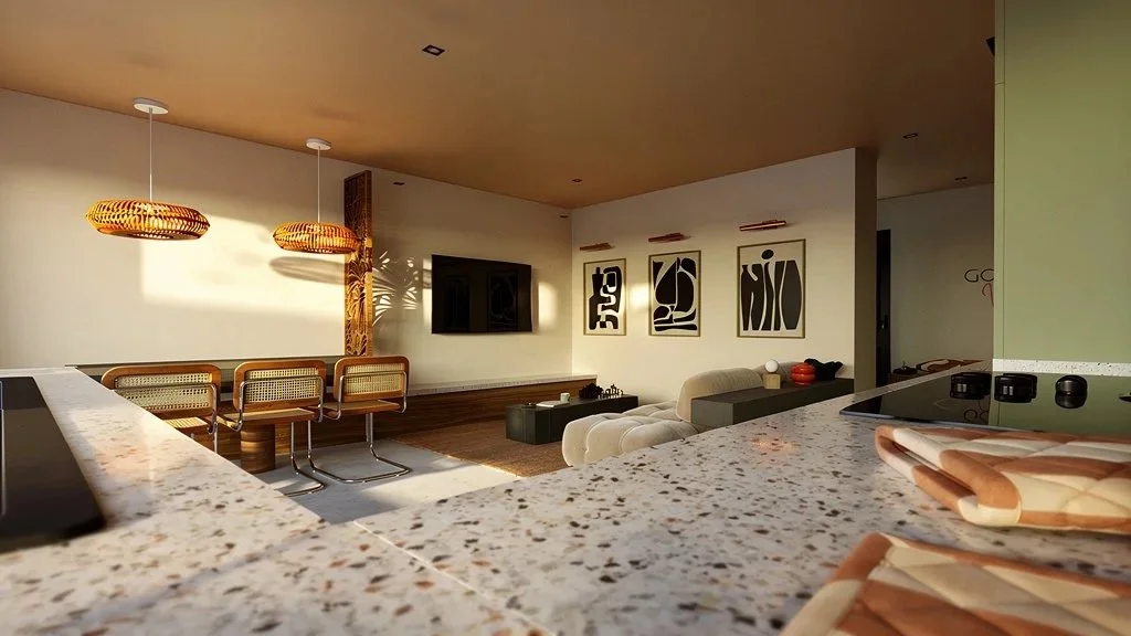 Salon moderne avec canapés, tableaux abstraits et lampes suspendues en rotin. Vue depuis une cuisine avec plan de travail en granit.