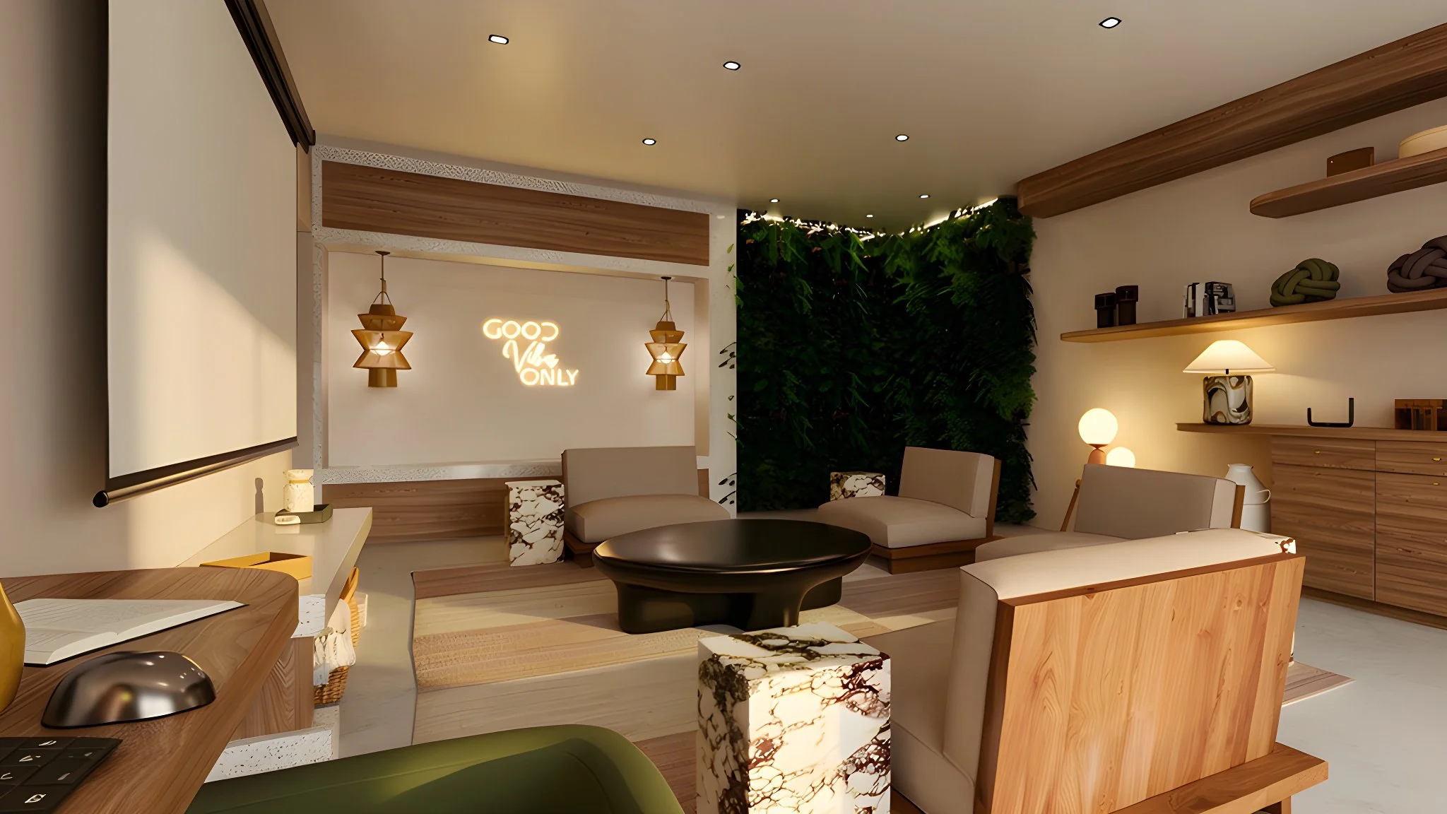 Salon moderne avec meubles en bois clair, mur végétal et déco chaleureuse.