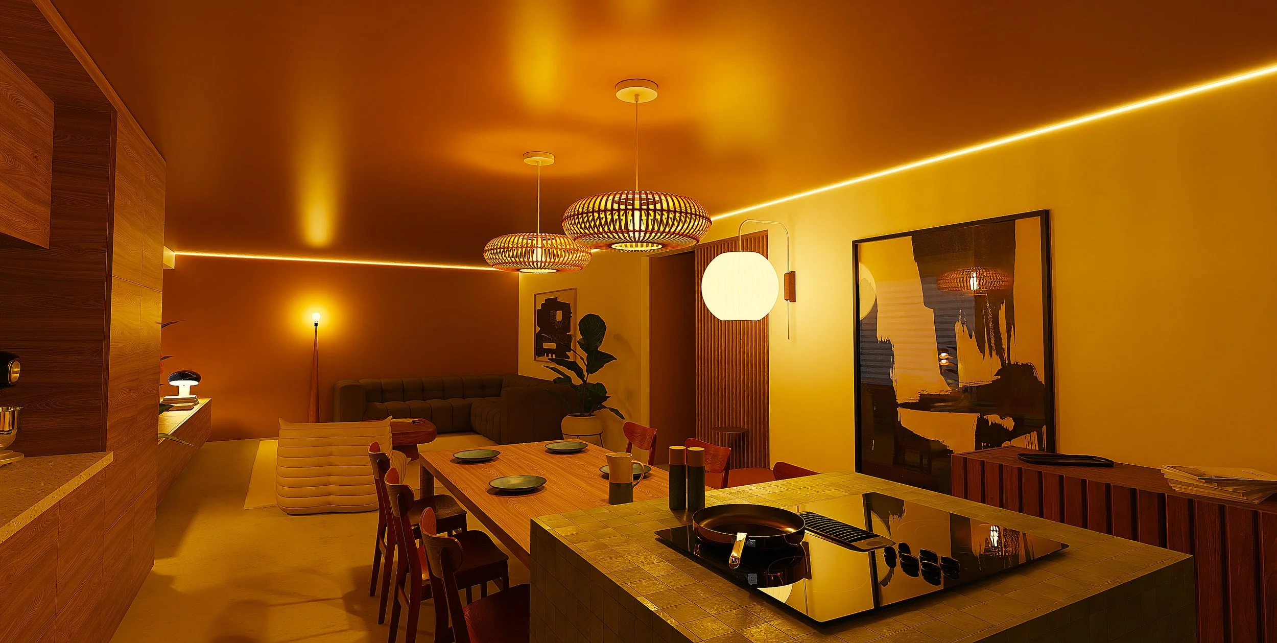 Salon et cuisine modernes avec éclairage chaleureux, poutres en bois, lampe suspendue en rotin, grande peinture murale et mobilier en bois.