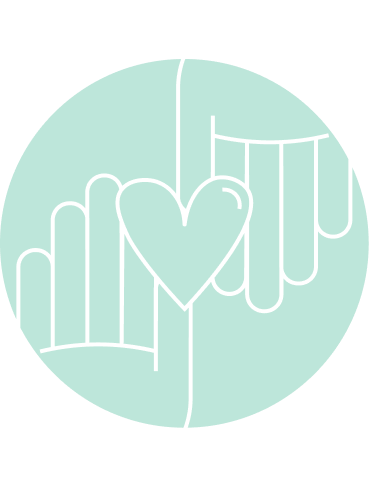 Dos manos sosteniendo un corazón, con líneas y un círculo verde de fondo.