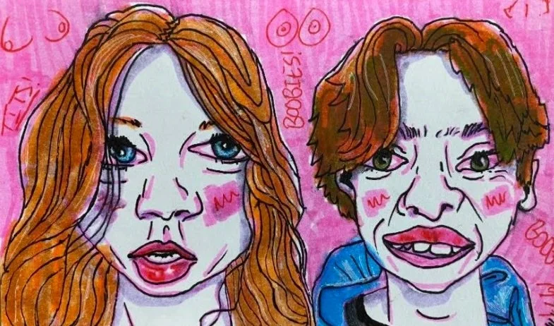 Hand-drawn caricature of a woman with long red hair and a woman with short brown hair, both with exaggerated facial features, against a pink background with doodles and writing.