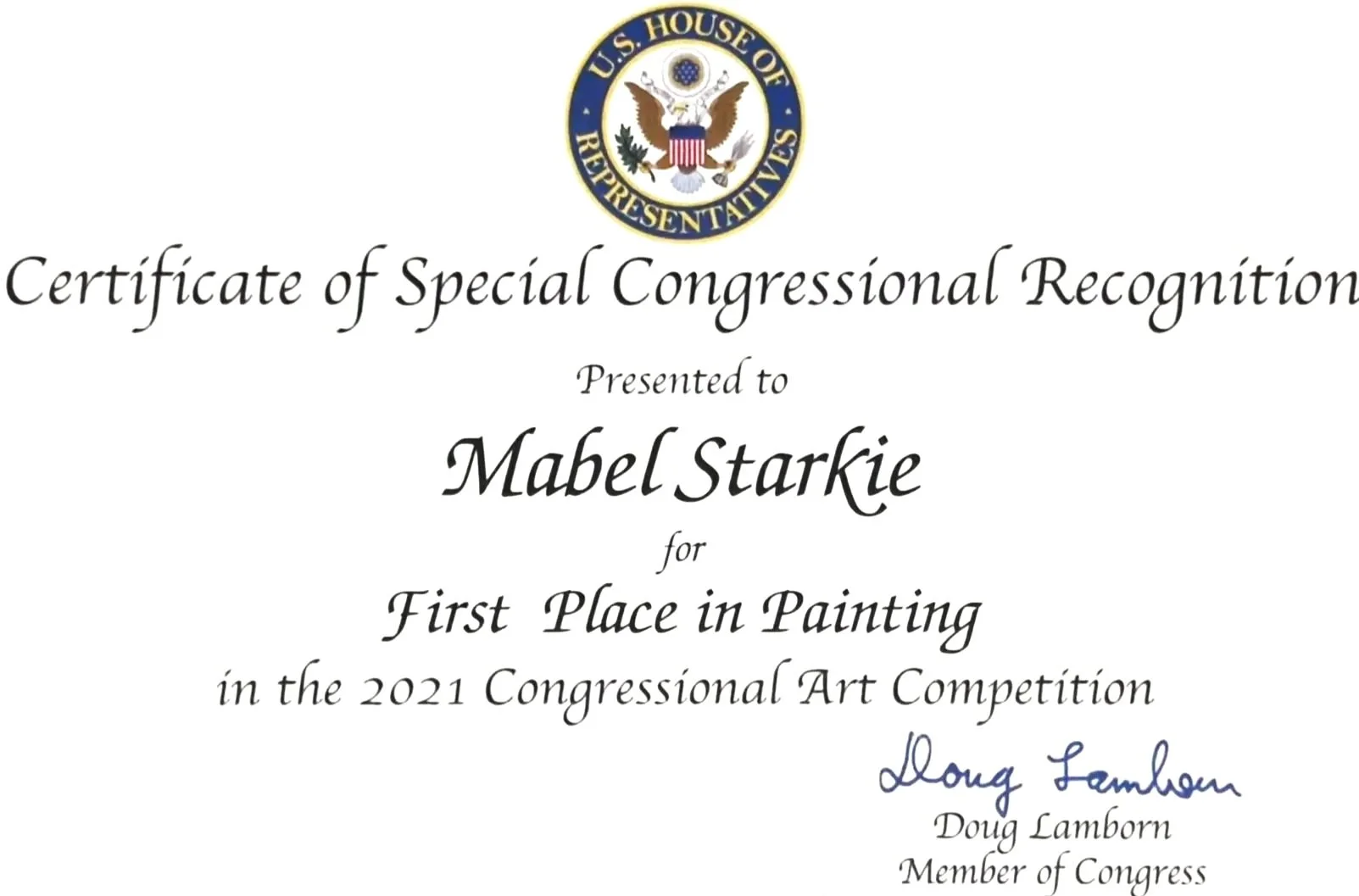 Certificate of Special Congressional Recognition awarded to Mabel Starkie for first place in painting at the 2021 Congressional Art Competition, with an emblem of the U.S. House of Representatives at the top.