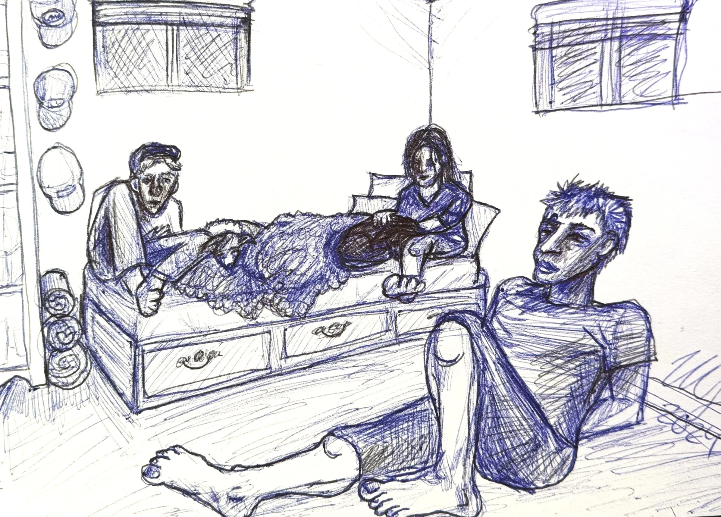 Sketch of 3 people in a bedroom, and 2 dogs. Both dogs lying on a bed with a blanket, two people sitting on the bed, and one seated on the floor. The room has two windows and a wall with hats hanging on hooks.
