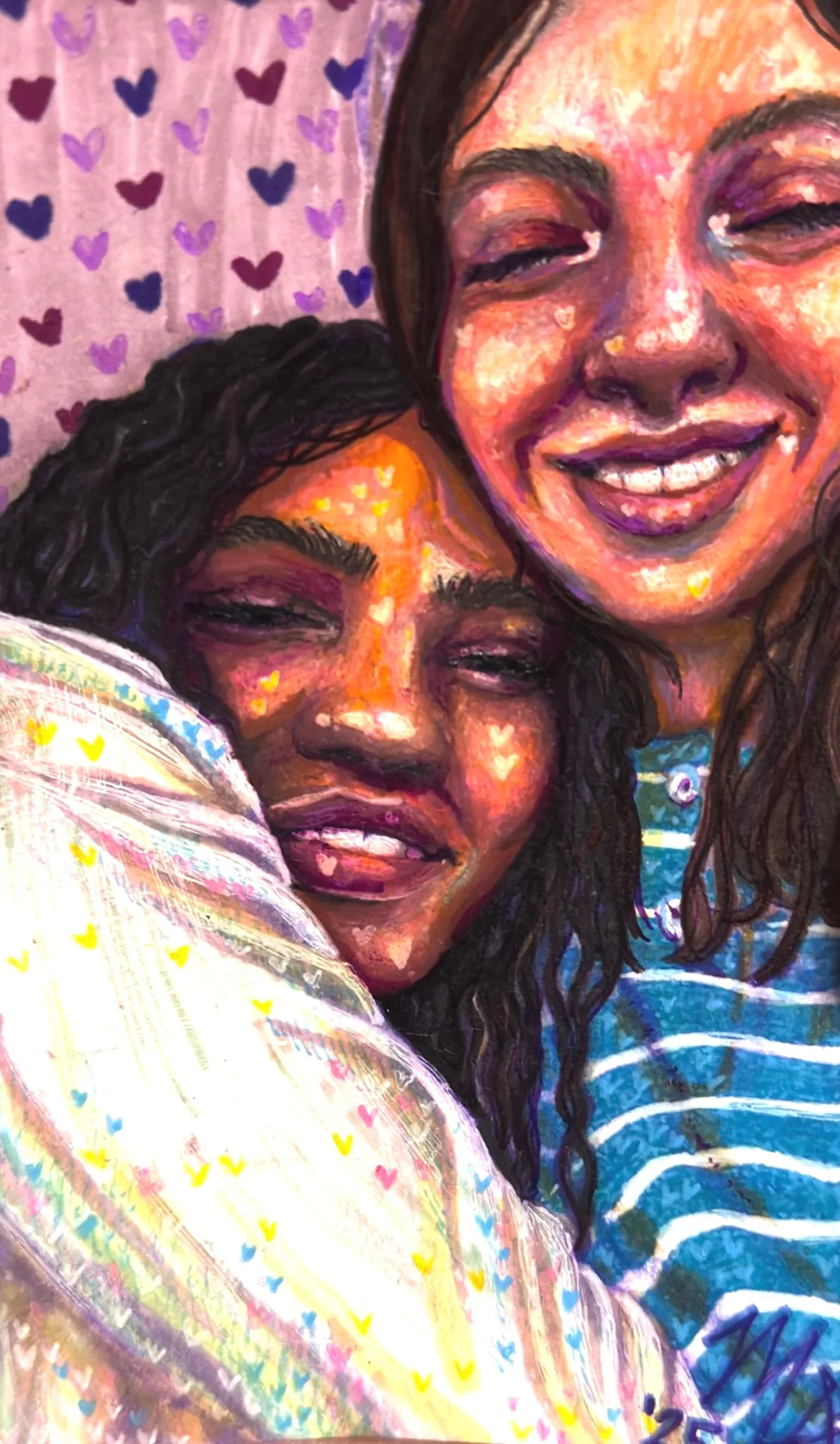 A colorful painting of two women smiling and embracing, with a background decorated with purple hearts. The face's are highlighted with heart shapes.