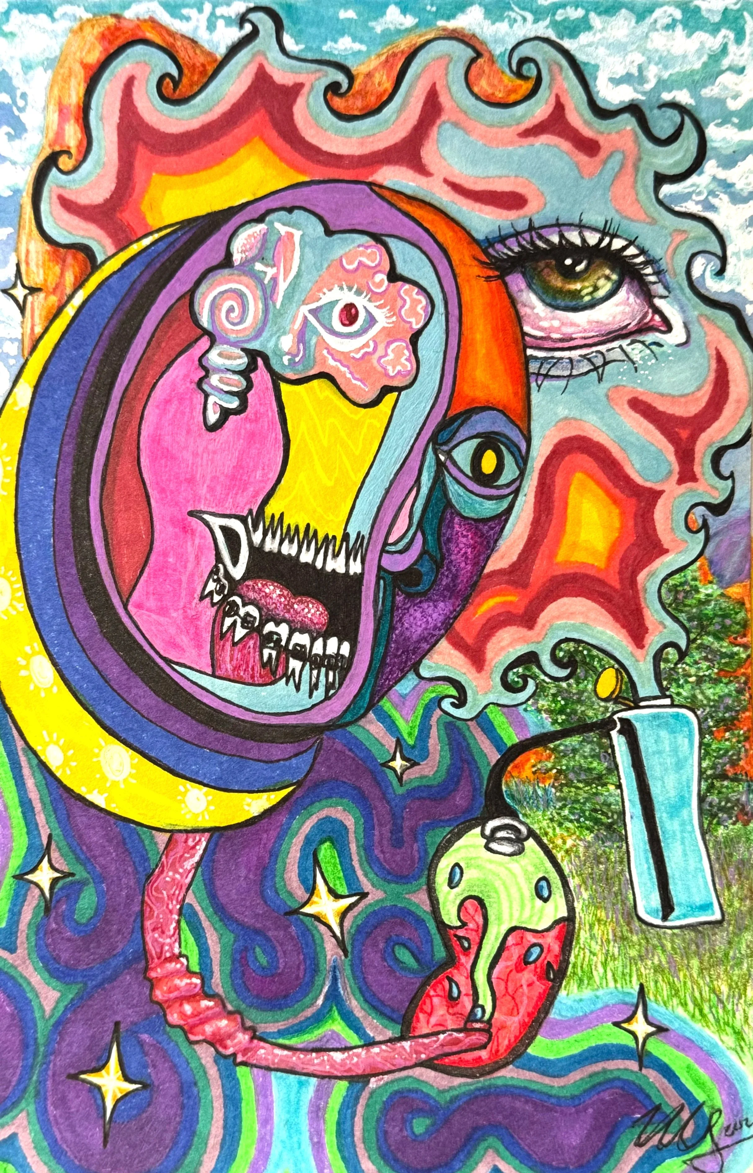 Colorful psychedelic artwork with a surreal face, multiple eyes, a large mouth with sharp teeth, and various abstract elements including stars, a planet with rings, and swirling patterns.