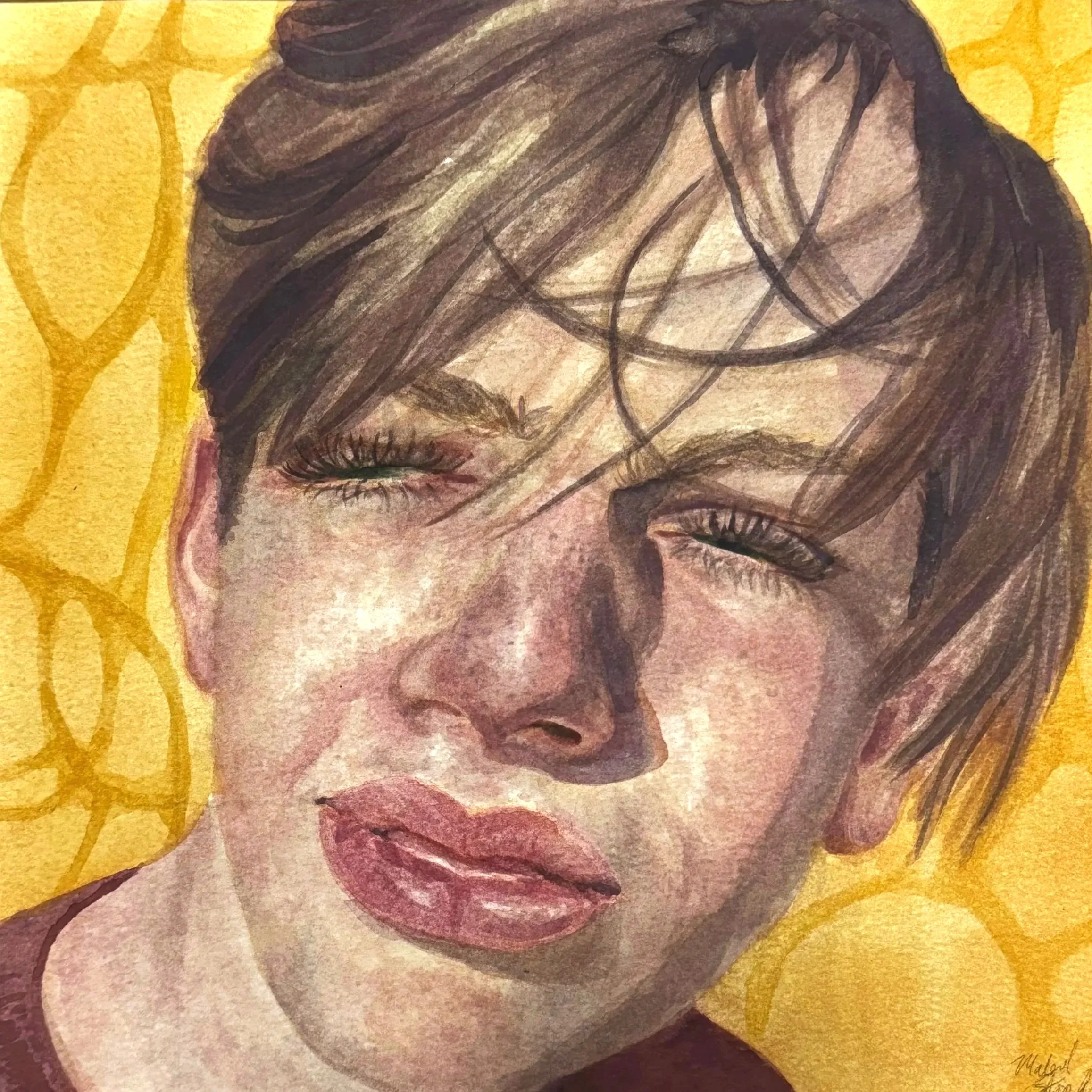 Watercolor painting of a person with tousled short brown hair, closed eyes, full lips, against a yellow patterned background.