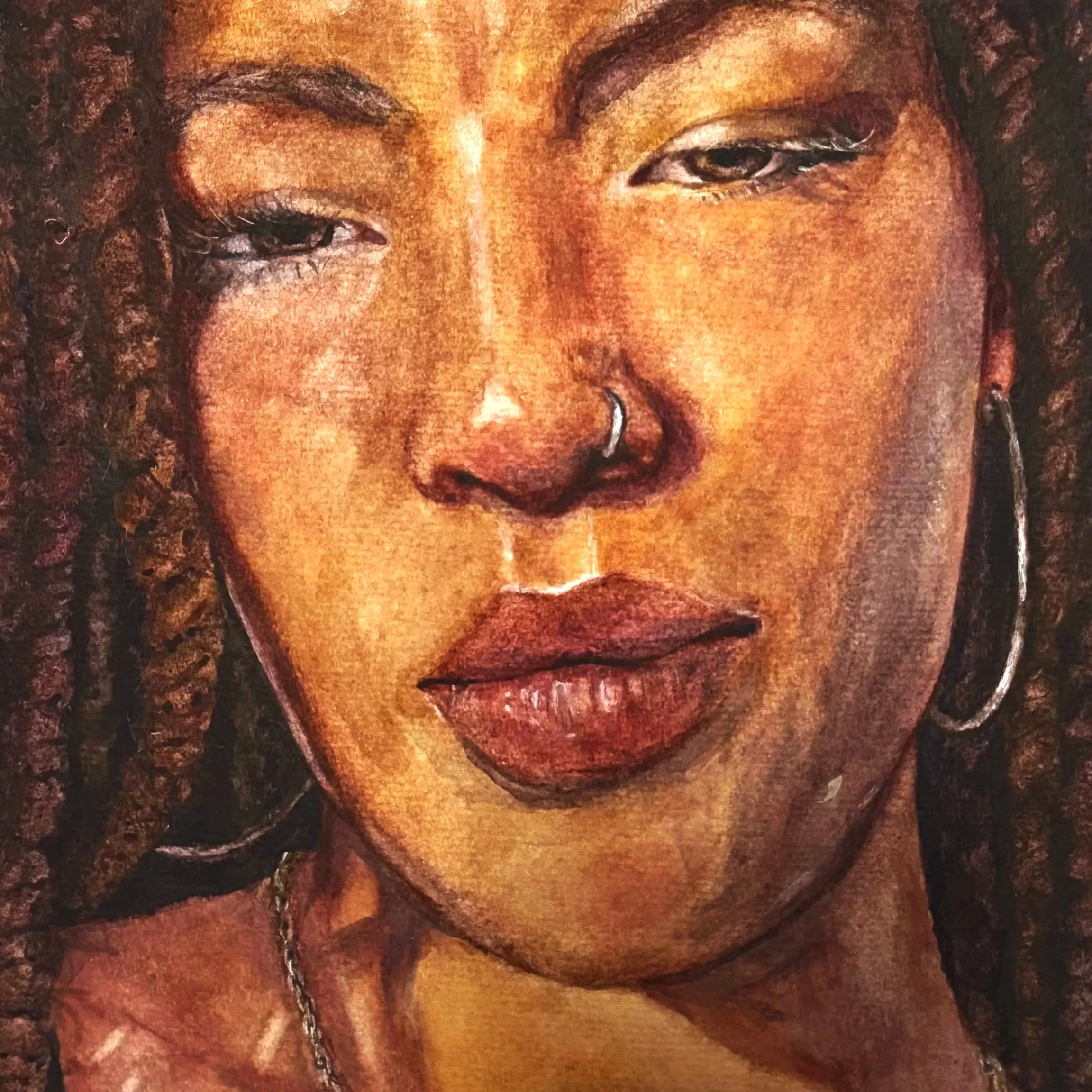 A close-up painting of a woman with dark brown curly hair, gold lighting, a nose ring, hoop earrings, and a silver chain necklace.
