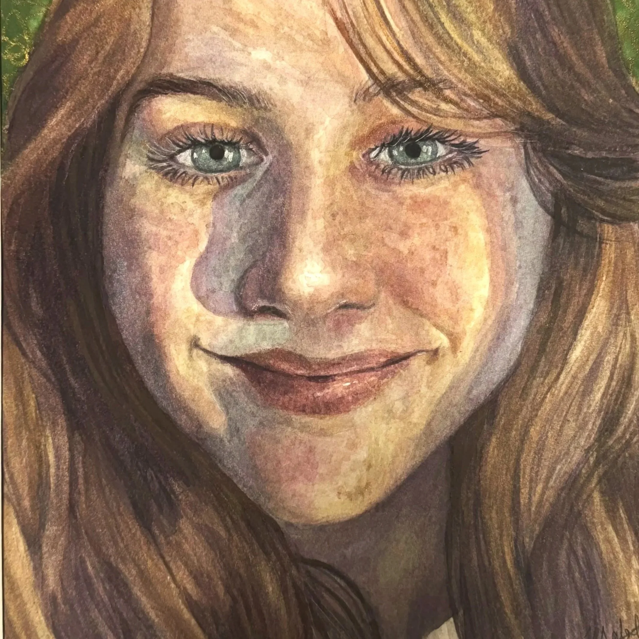 Painting of a young woman with long, wavy hair, blue eyes, and a gentle smile.