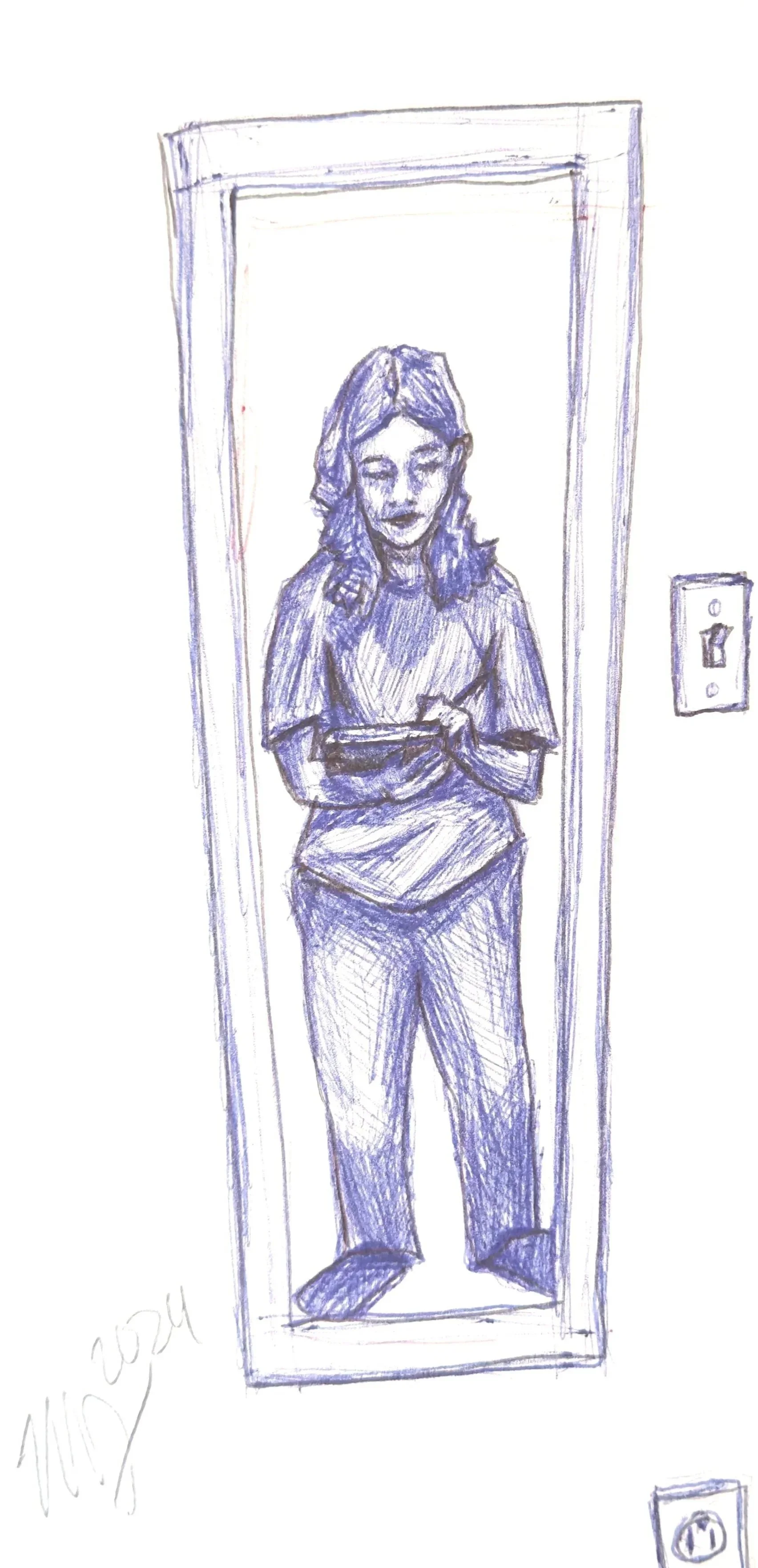 Hand-drawn sketch of a Mabel Starkie, standing in a mirror, holding a sketchbook and pen. Observing herself whilst drawing.