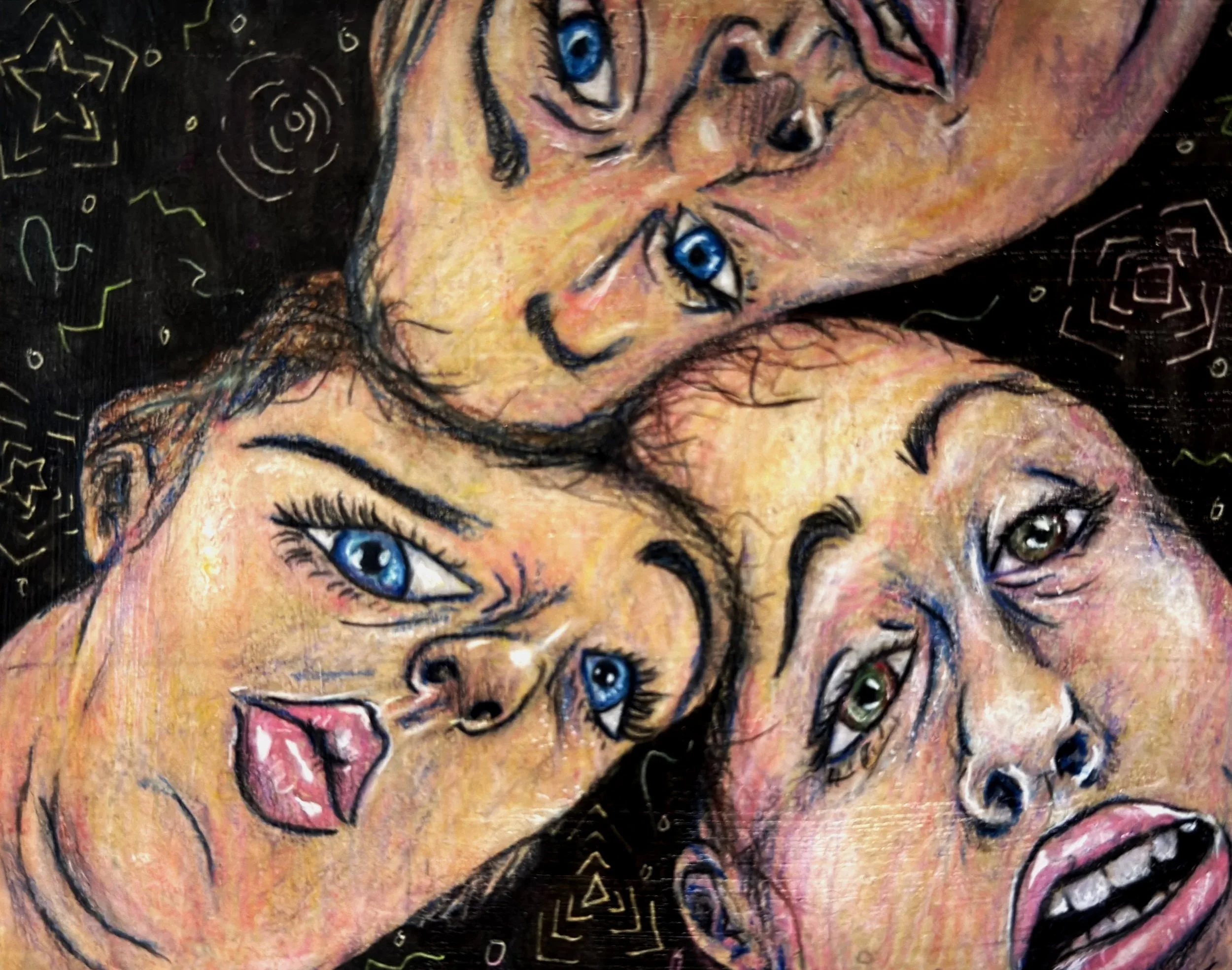 An abstract painting of three women's faces with exaggerated features and bright colors, set against a dark background with geometric patterns.