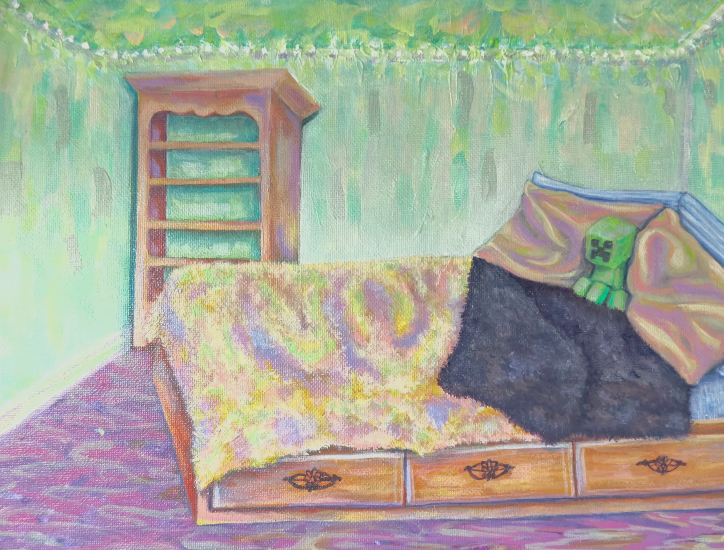 A colorful painting of a cozy interior room with a bed, a bookshelf, and a green plush toy resembling a creeper from Minecraft on the bed.