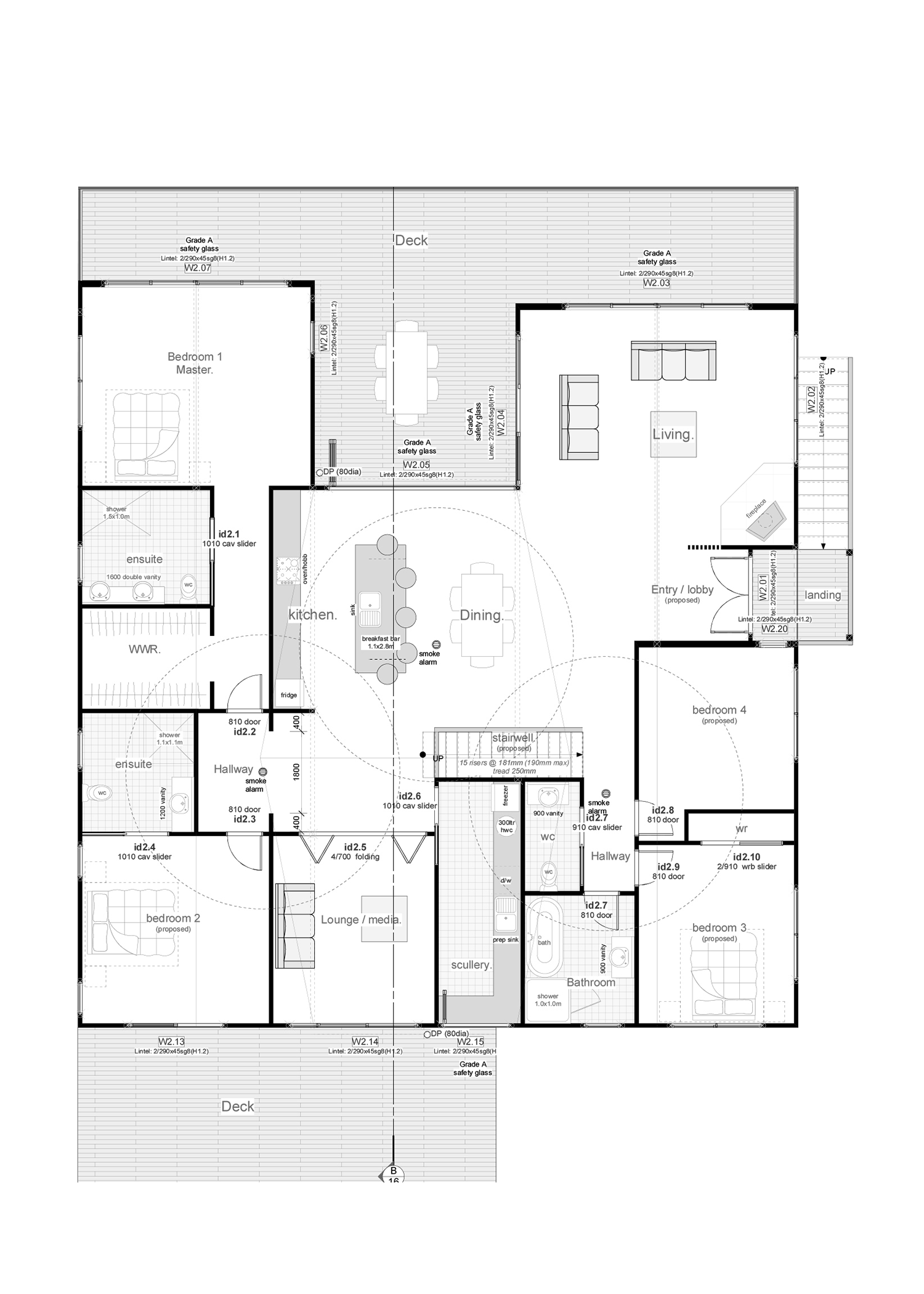 Architectural floor plan of a house showing bedrooms, bathrooms, kitchen, living area, lounges, decks, hallways, and stairwell.