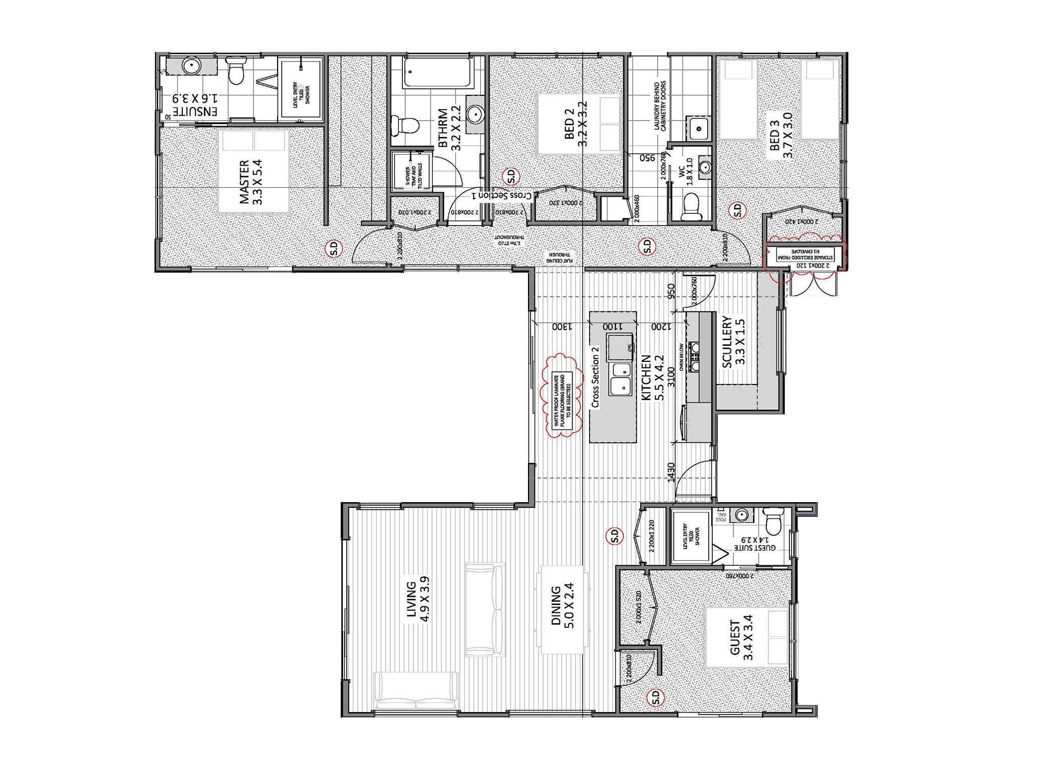 A detailed floor plan of a house showing various rooms, including a living room, dining area, kitchen, guest bedroom, multiple bathrooms, bedrooms, and utility spaces, with measurements and labels for each space.