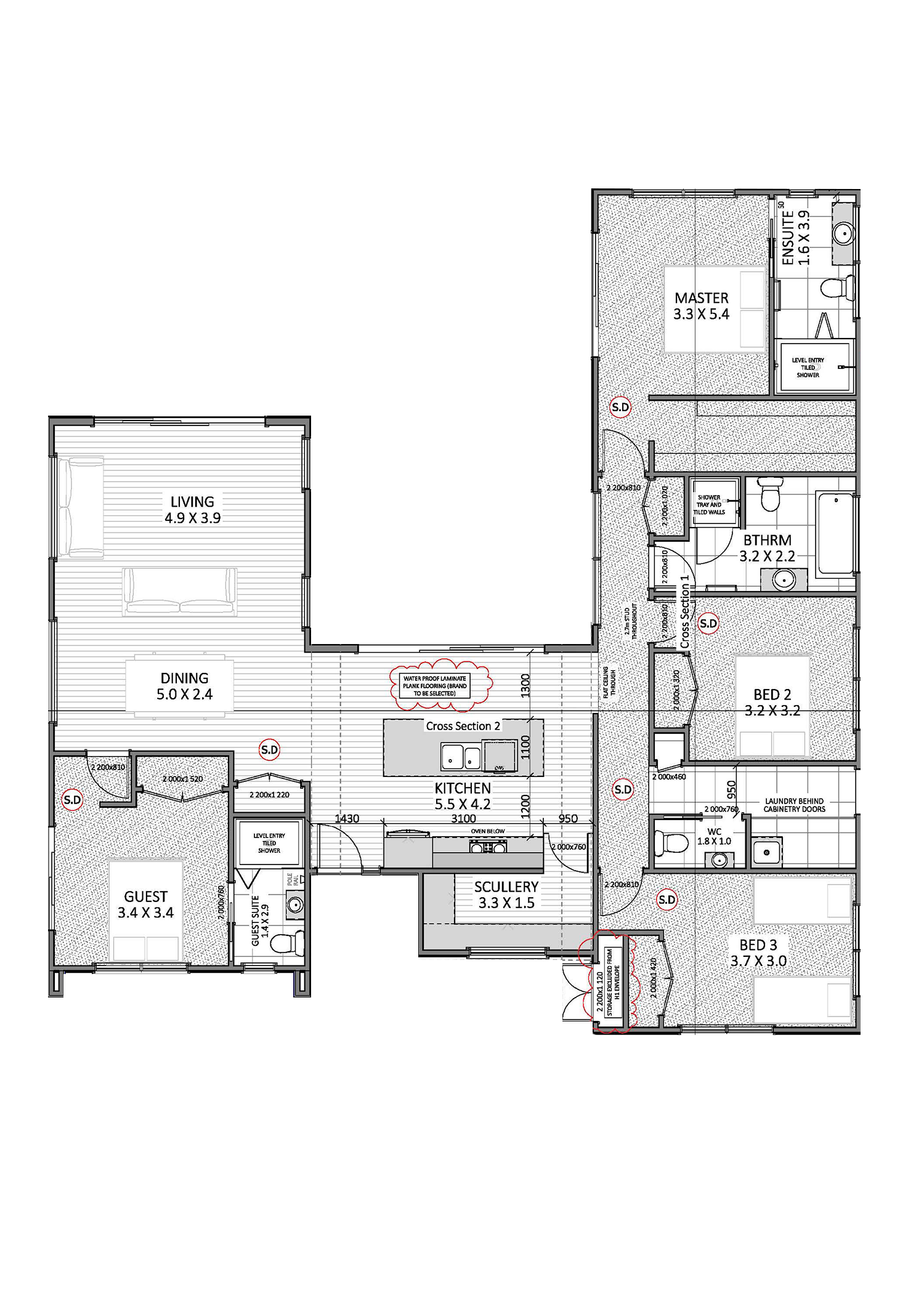 Floor plan of a house includes living room, dining area, guest bedroom, kitchen, scullery, three bedrooms, two bathrooms, laundry room, and various storage and utility areas, with labels and measurements for each room.