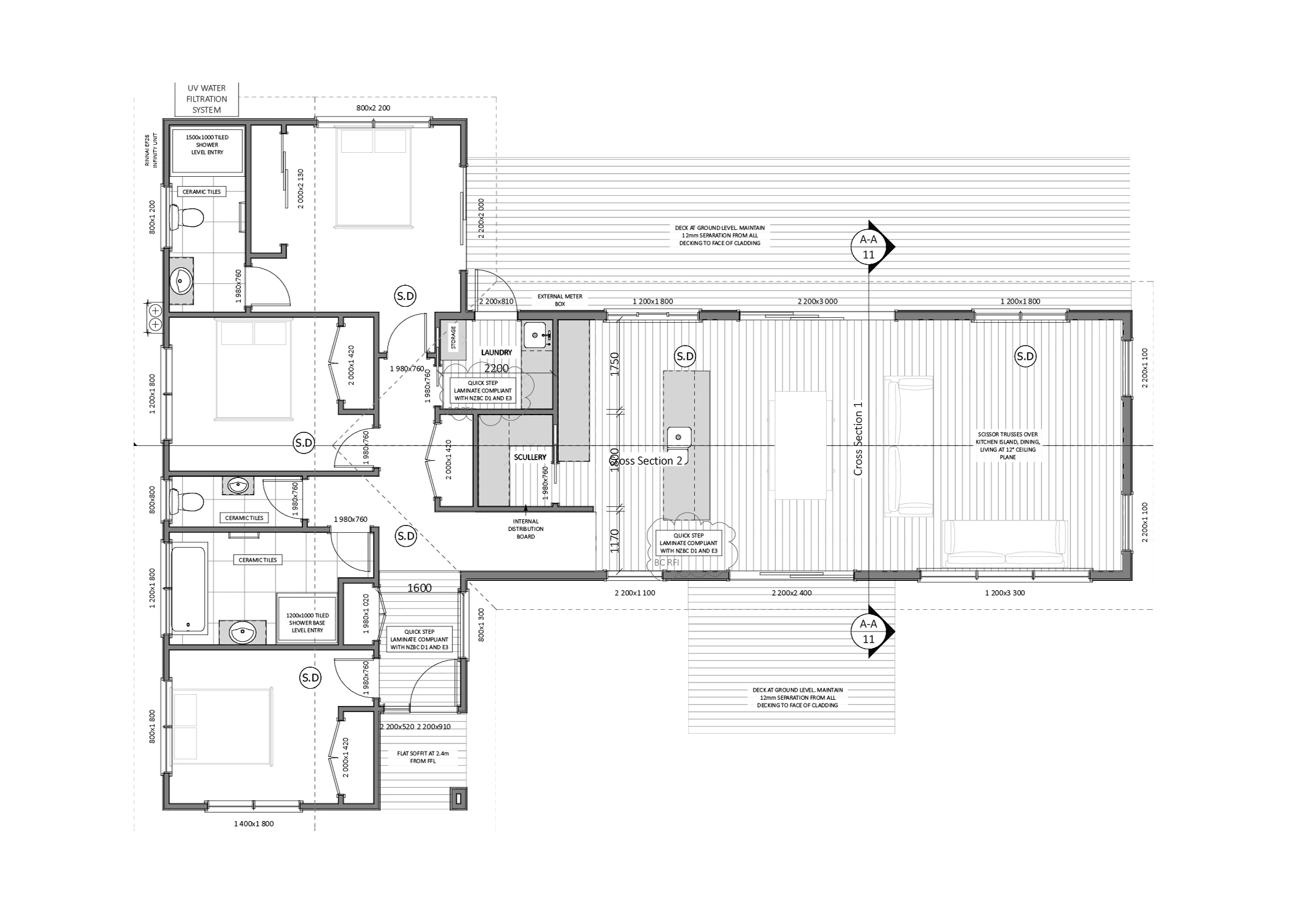 A detailed architectural floor plan of a house, showing various rooms, measurements, and construction details.