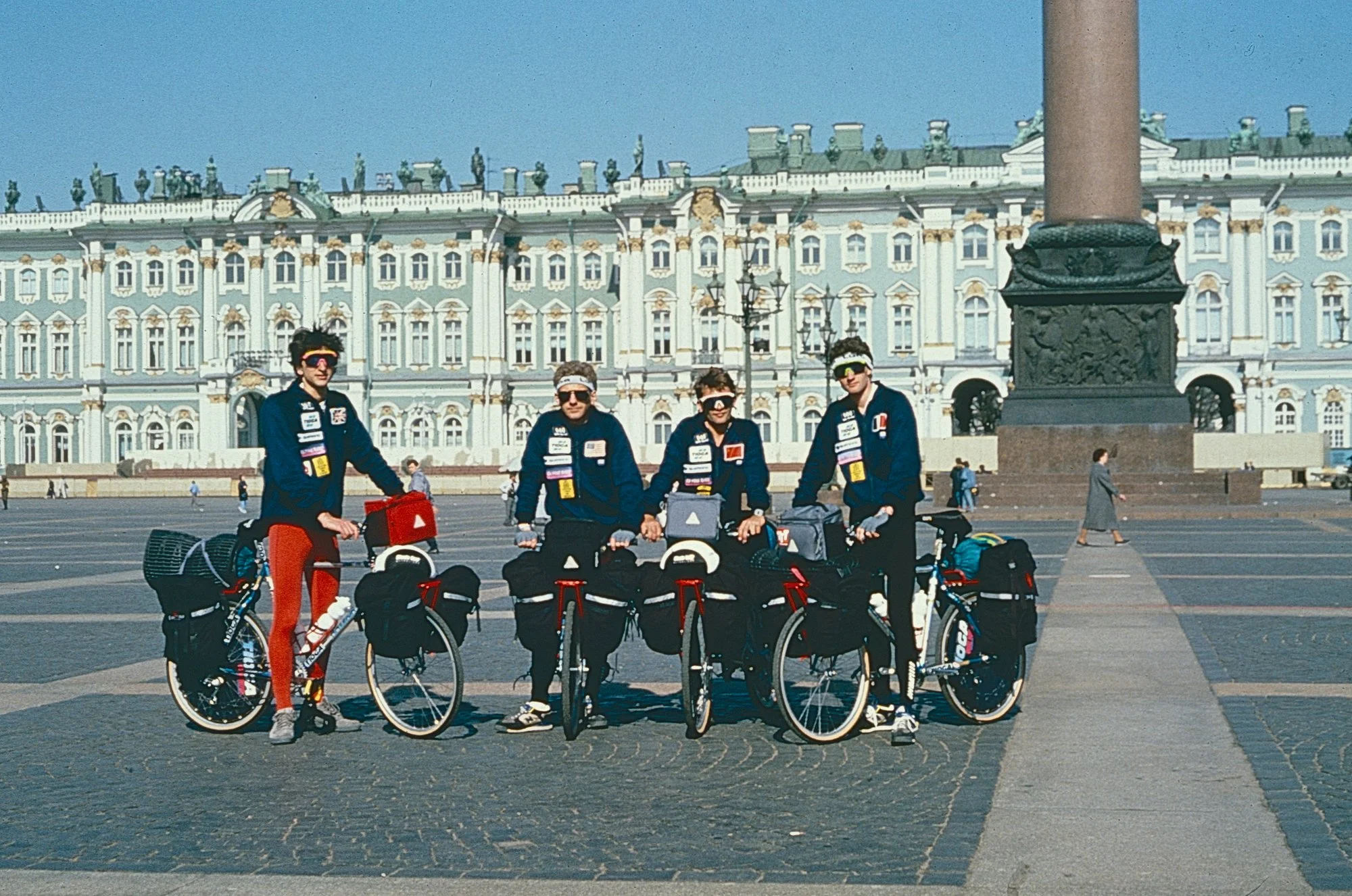 Simon, Howard, Vitale and Gilles in front of the Hermitage Museum, at the start of the journey East.