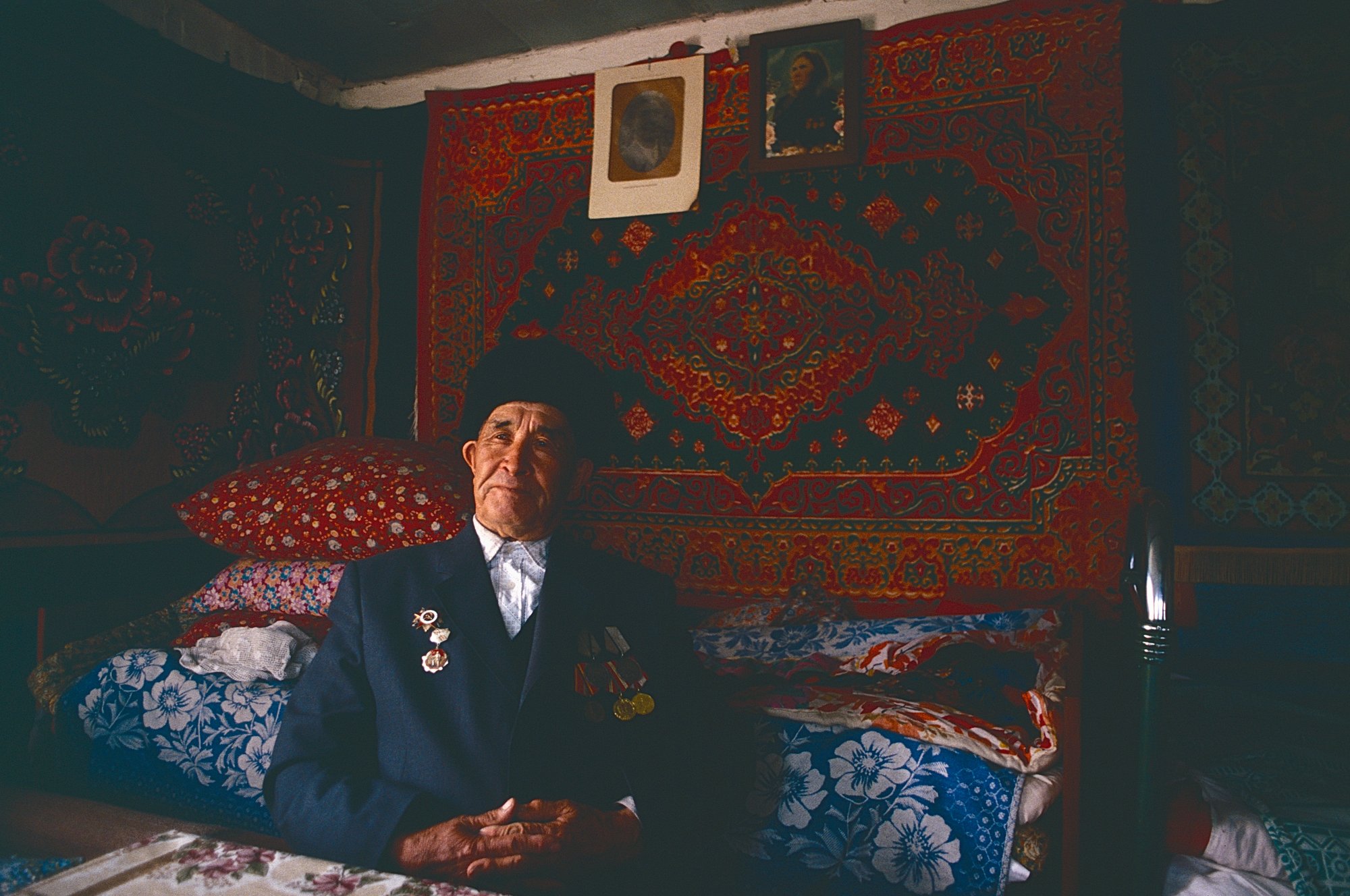 Ethnic Bashkir veteran in his home near the Ural Mountains.
