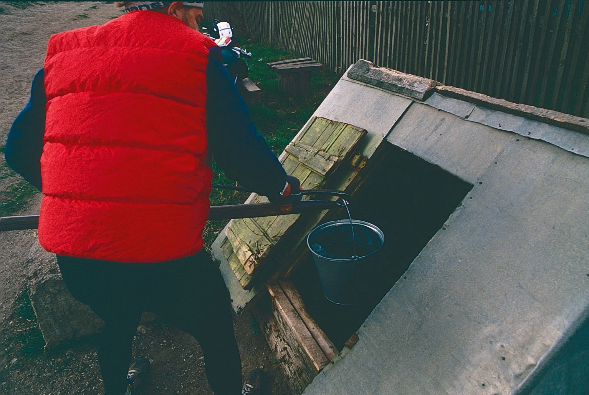 Fetching water from a well. Katadyn ceramic filters allowed us to filter any water into drinking water during the trip.