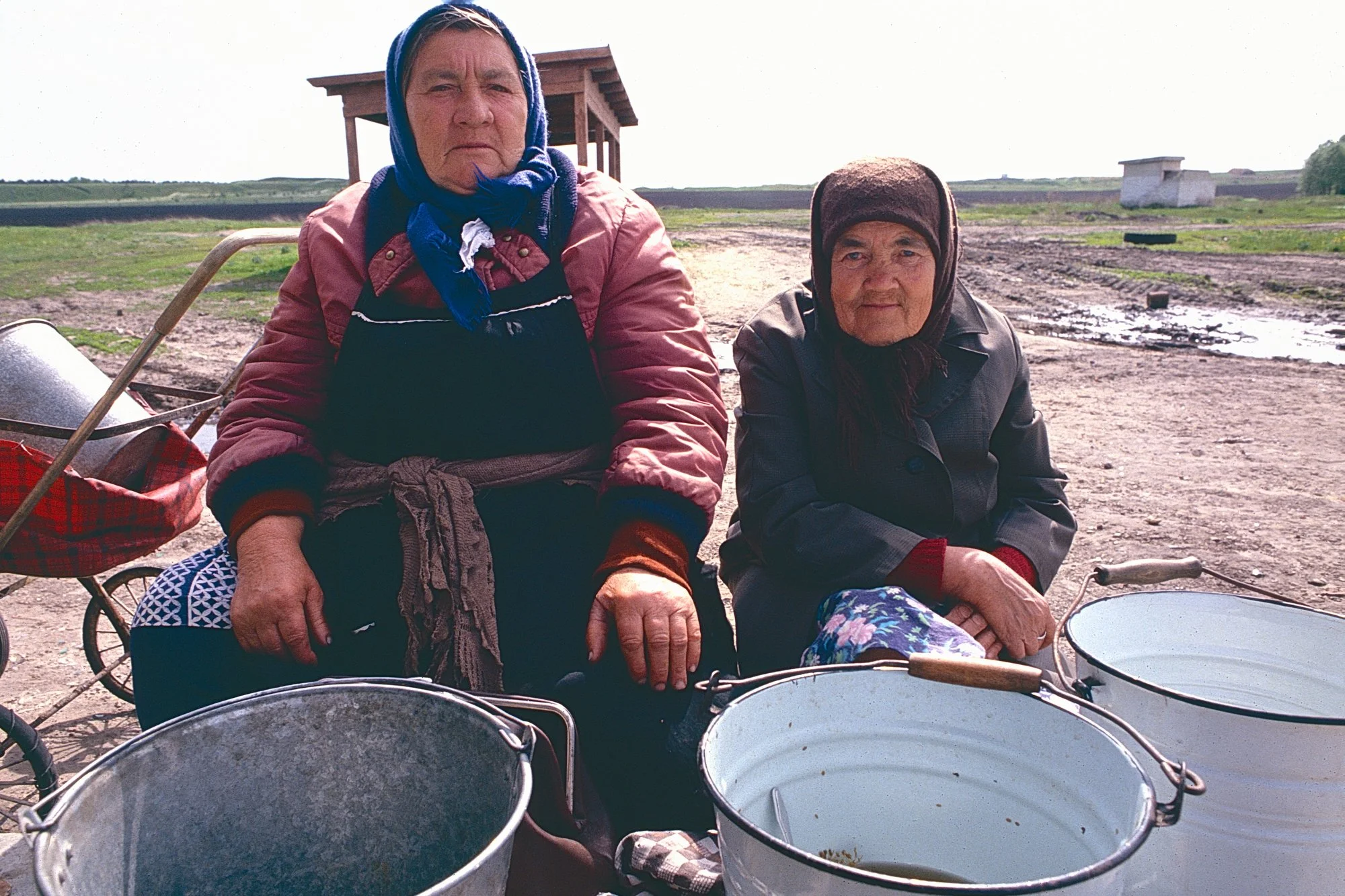 A new sight in the Soviet Union: Babushkas openly selling potatoes on the side of the road. Private businesses were illegal  until Gorbachev's Perestroika. 