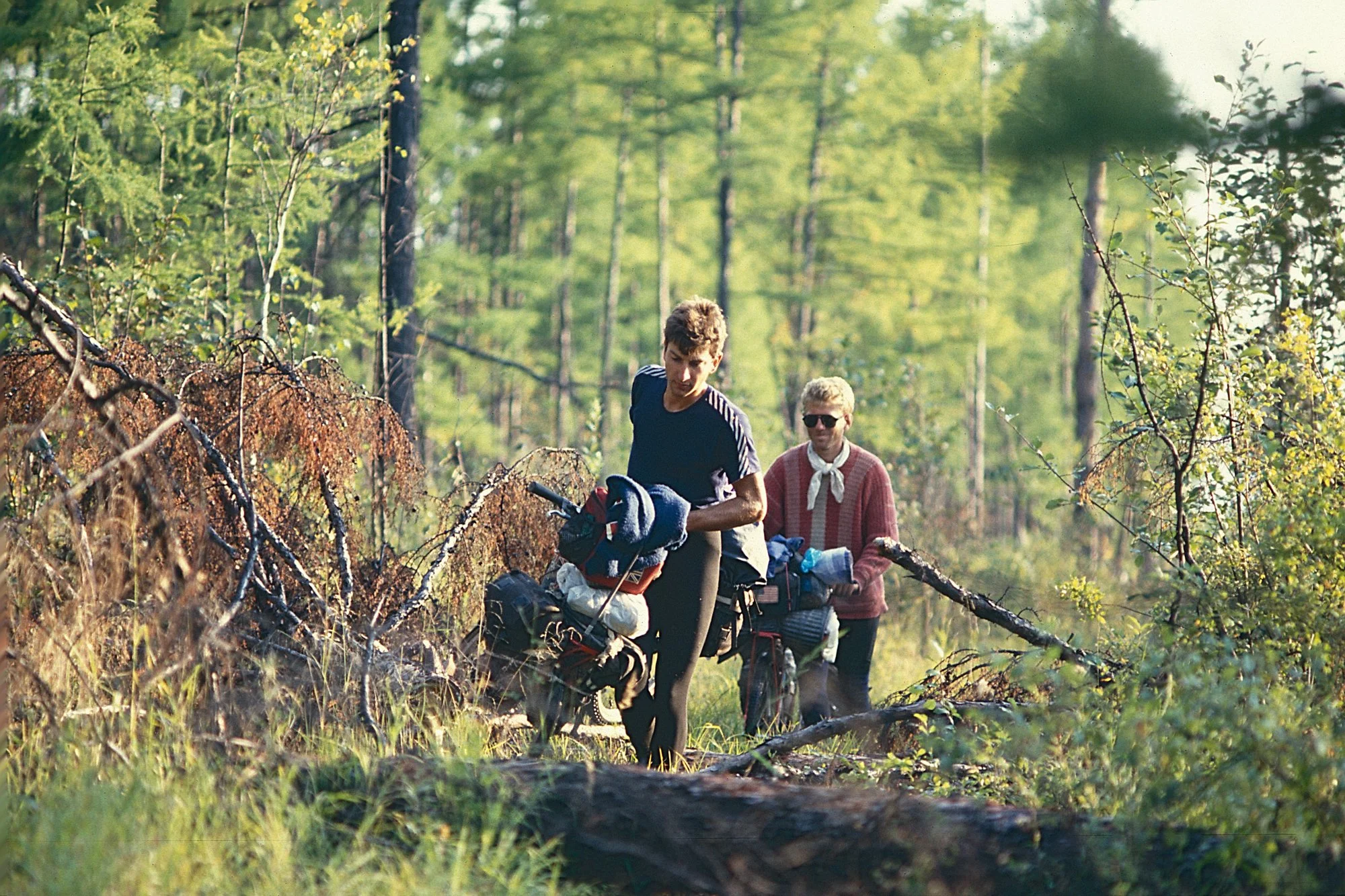 In the forest, branches snap derailleurs and slow us down. Our daily mileage drops drastically. 