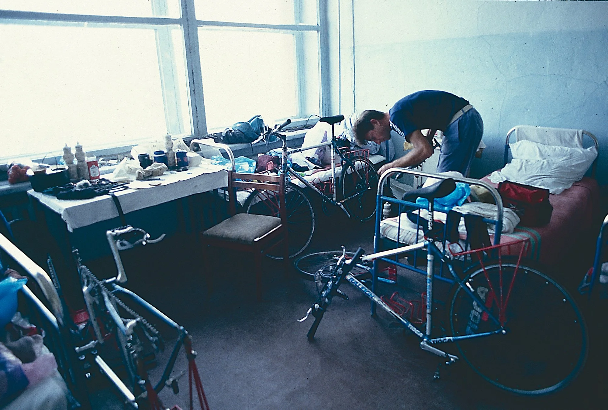 We'll take your best room: Simon at work in Chita's hotel at the end of the trail, where we overhaul the bikes before the swamp, an 800 kms section of roadless and water-clogged Siberian wilderness.