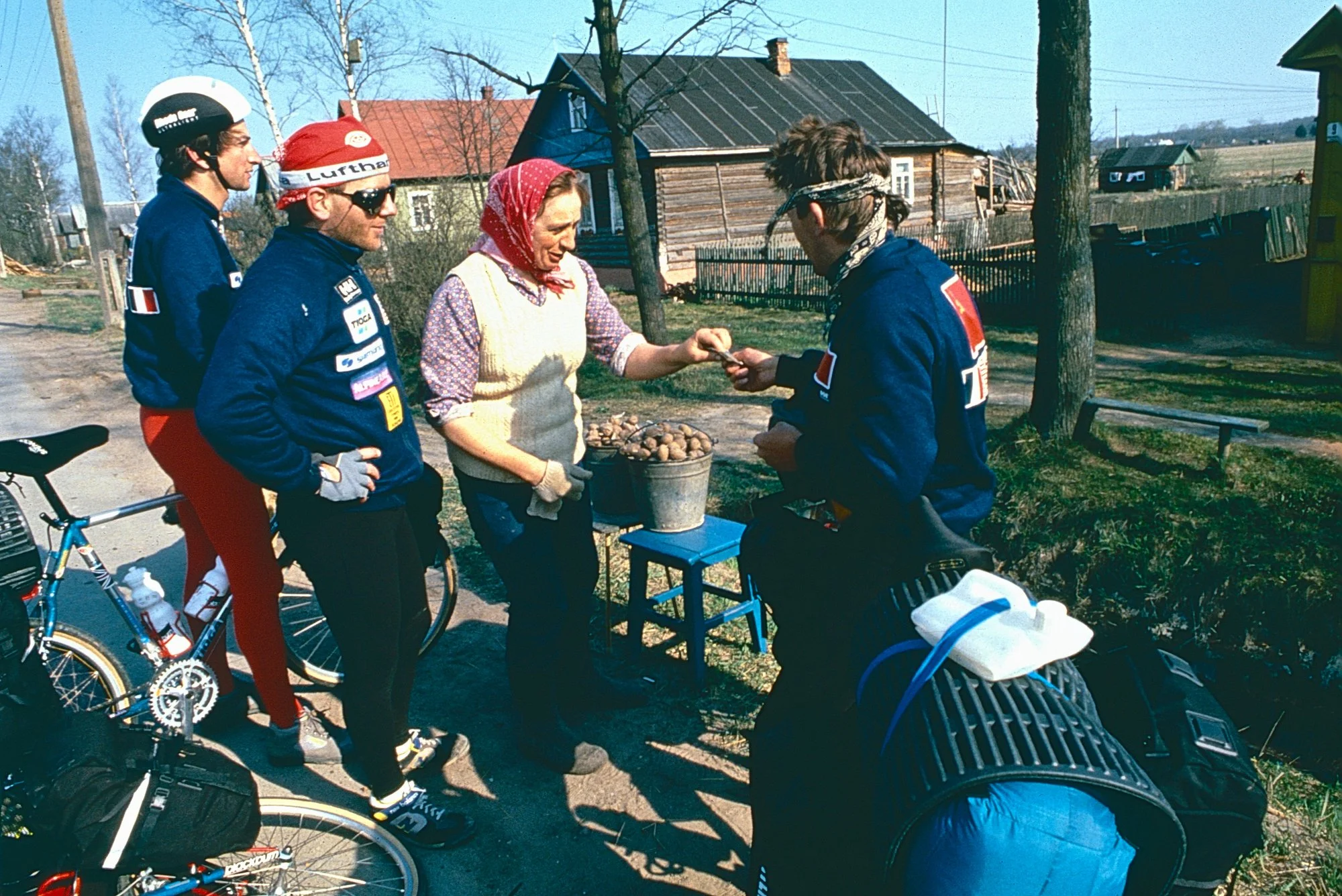 Buying potatoes for our evening stew,  consisting of whatever we could find during the day, and only when needed, a packet of precious Alpine Aire, as we tried to save our dry food for the remote Siberia section coming up in the Fall.