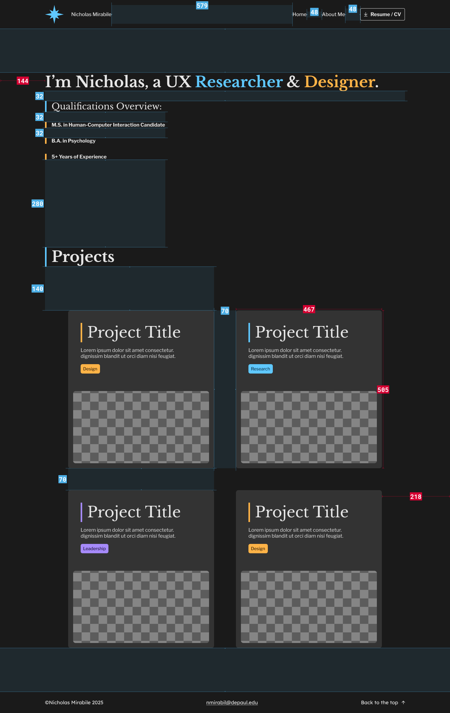 A professional resume or CV webpage for Nicholas Mirabile featuring sections for qualifications, projects, and skills. It includes contact information and navigation options.