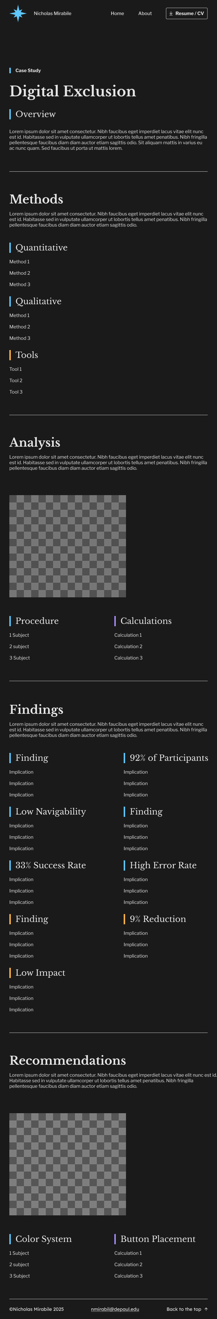 A webpage titled "Digital Exclusion" with sections for overview, methods, analysis, findings, and recommendations, containing text, a transparent image placeholder, and navigation links.
