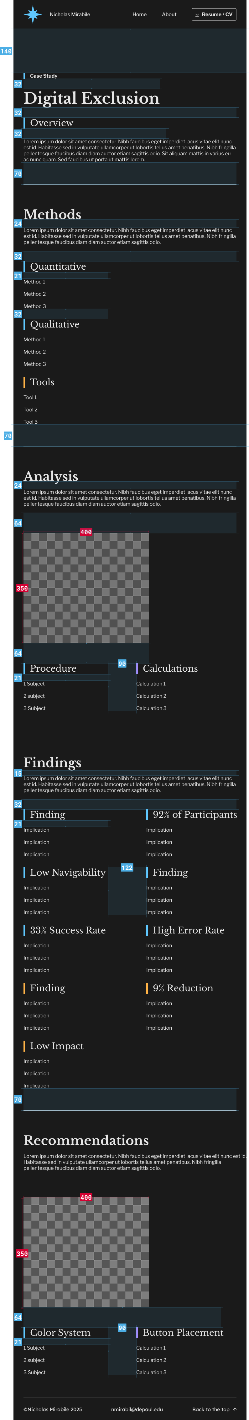 Screenshot of a research presentation slide titled 'Digital Exclusion' with sections on overview, methods, analysis, findings, and recommendations, including charts, numbered lists, and placeholder text.