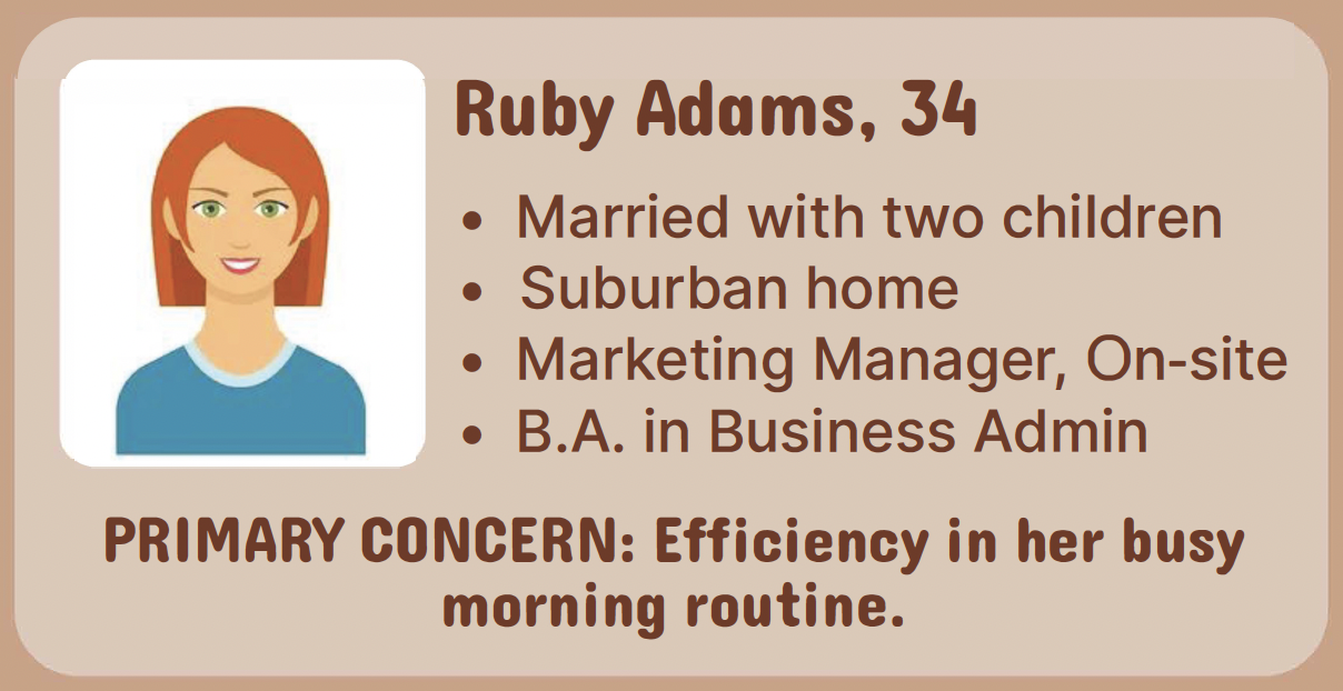 Illustration of a woman with red hair and green eyes, smiling, wearing a blue shirt, on a beige background with personal details and interests.