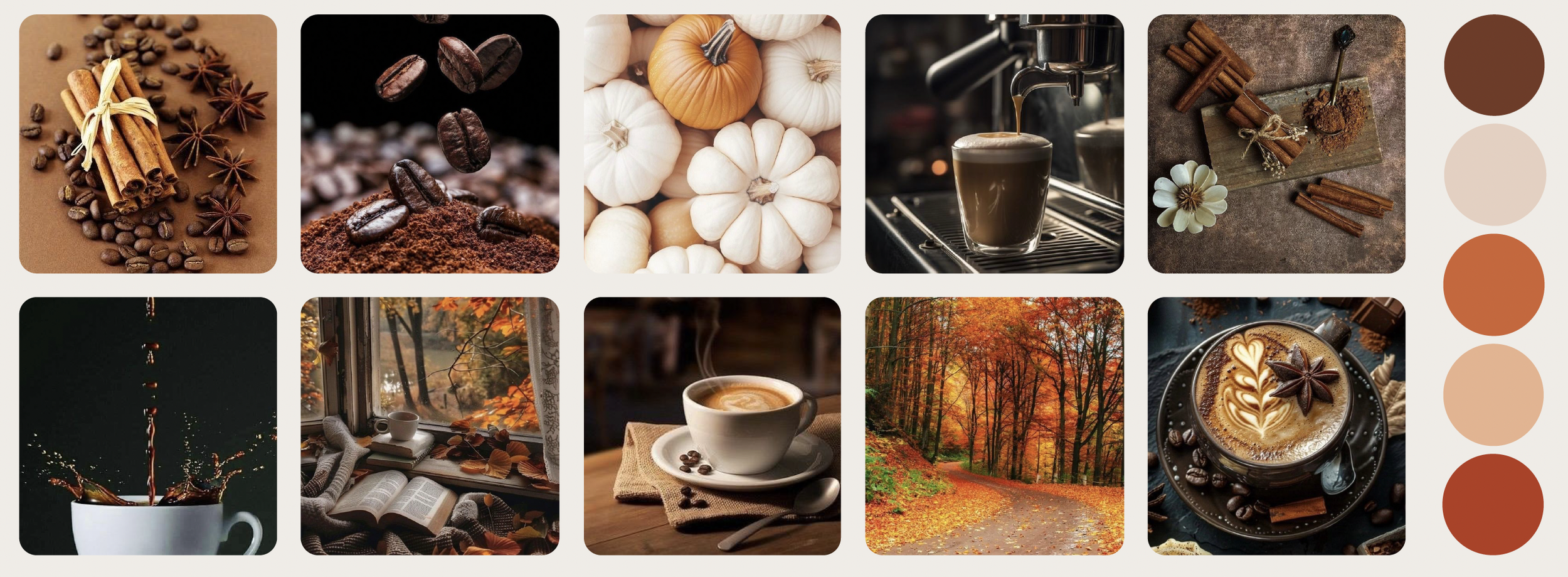 Collage of autumn-themed coffee and fall scenery images. Top row: cinnamon sticks with coffee beans, coffee grounds with coffee beans, white pumpkins with one orange pumpkin, coffee being poured into a glass, cinnamon sticks with a flower and spices. Bottom row: coffee mug with steaming coffee, cozy window seat with fallen leaves and books, cup of coffee with latte art, forest path with autumn leaves, decorated coffee cup with latte art and spices.