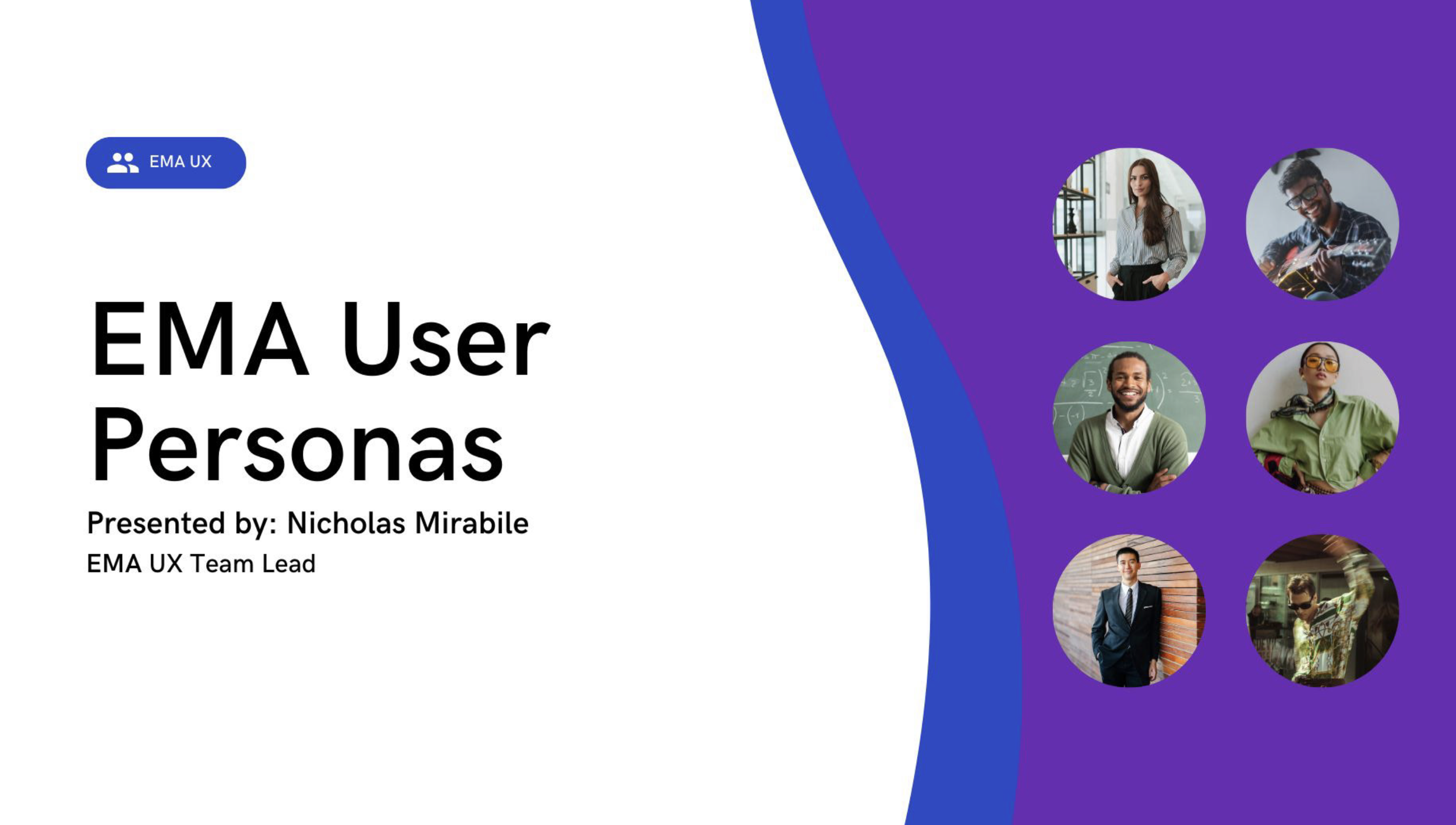 Presentation slide titled 'EMA User Personas' with a group of diverse people photos on a purple background.