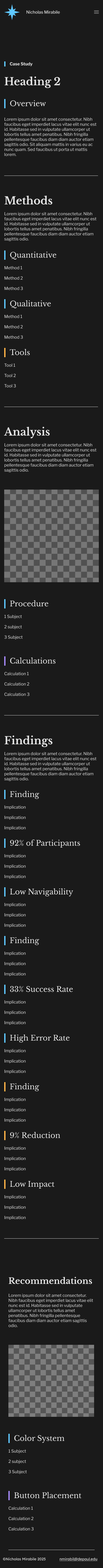 Screenshot of a document or presentation slide with a dark background and light text. It includes headings such as 'Heading 2,' 'Overview,' 'Methods,' 'Analysis,' 'Procedure,' 'Calculations,' 'Findings,' and 'Recommendations.' The slide also contains placeholder text, numbered lists, and graphical elements like gray checkered boxes.