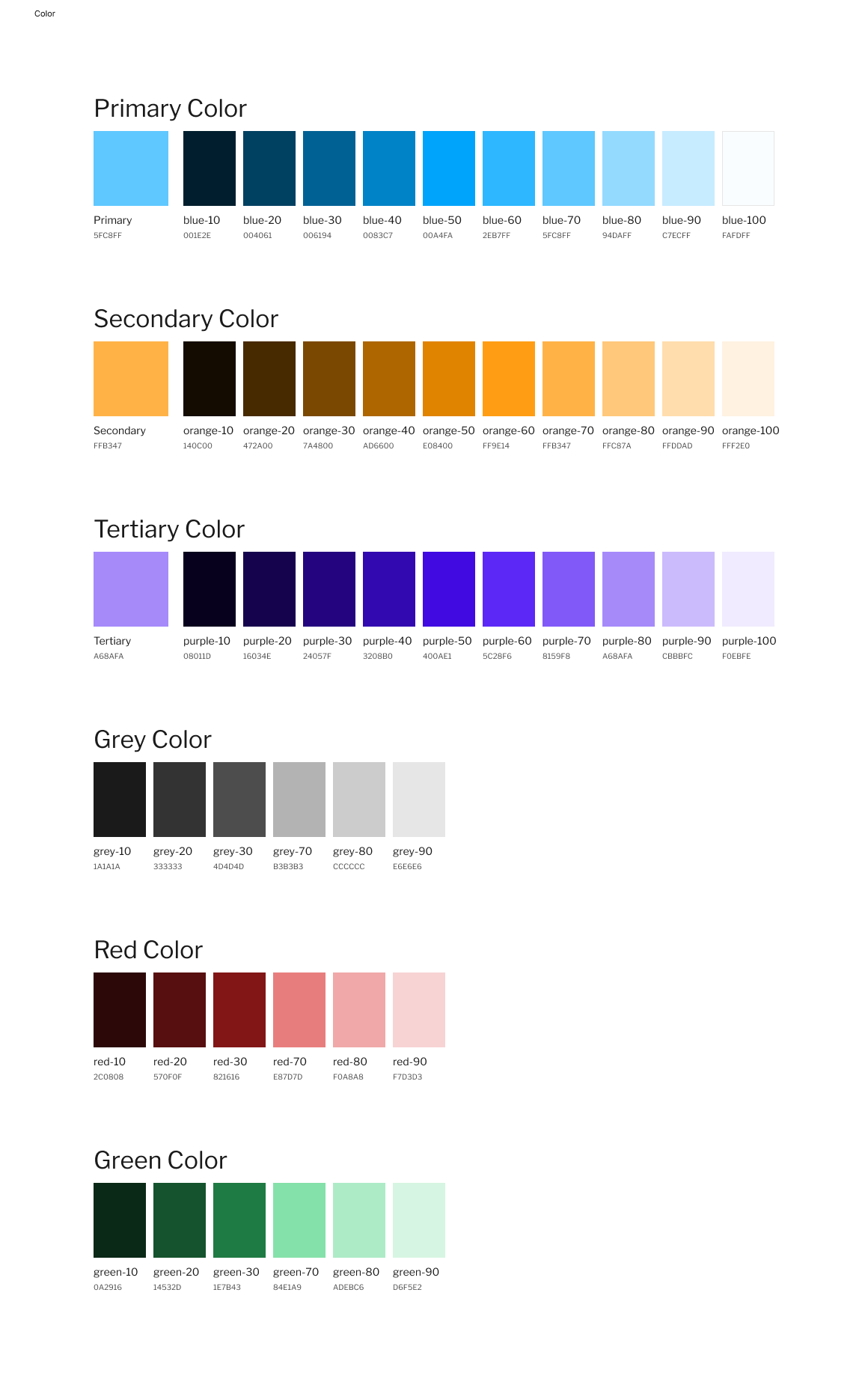 A digital color palette displaying various shades categorized by color groups: primary blue, secondary orange, tertiary purple, grey, red, and green, with their respective color codes.