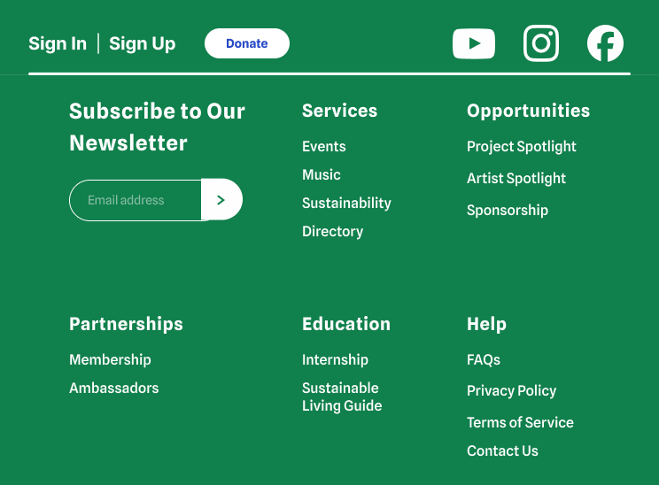 Green website footer with white and blue text, including navigation links for sign in, sign up, and donate; social media icons for YouTube, Instagram, and Facebook; subscription email input; sections labeled Services, Opportunities, Partnerships, Education, and Help with related links.