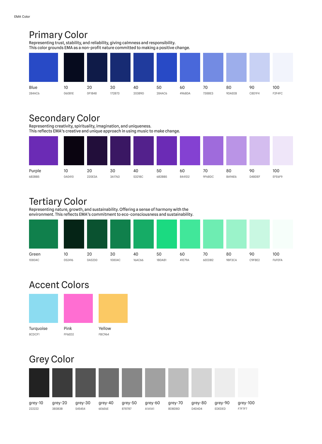 A color chart displaying primary, secondary, tertiary, accent, and grey colors with their respective shades and hex codes.
