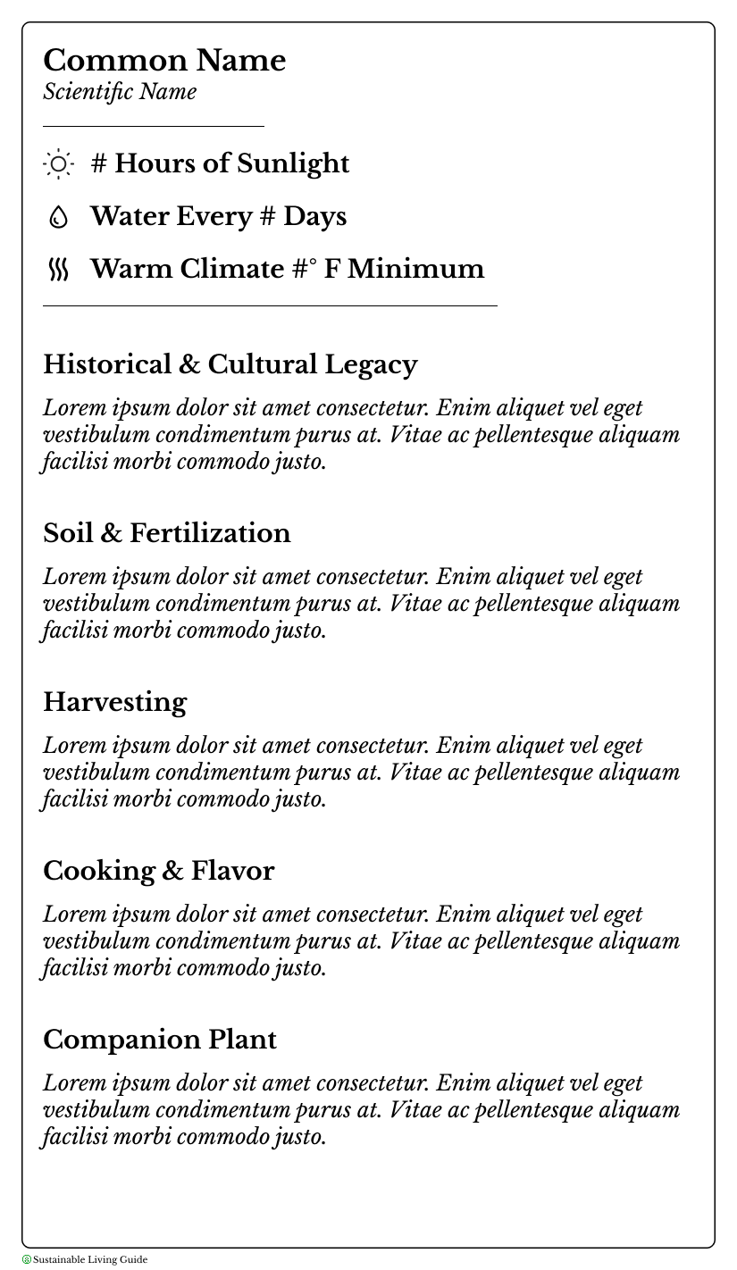 A guide on sustainable living with sections on climate, water, history, soil, harvesting, cooking, and companion plants, featuring icons for sunlight, water, and heat.