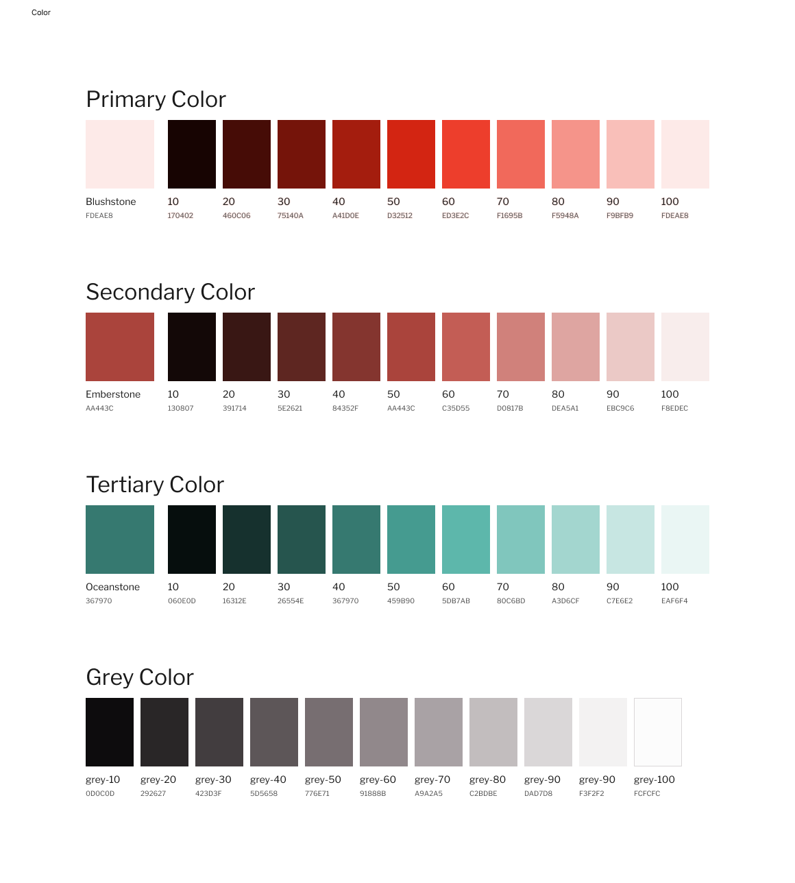 A color palette chart showing Primary, Secondary, Tertiary, and Grey colors with color swatches, names, and their hex codes.
