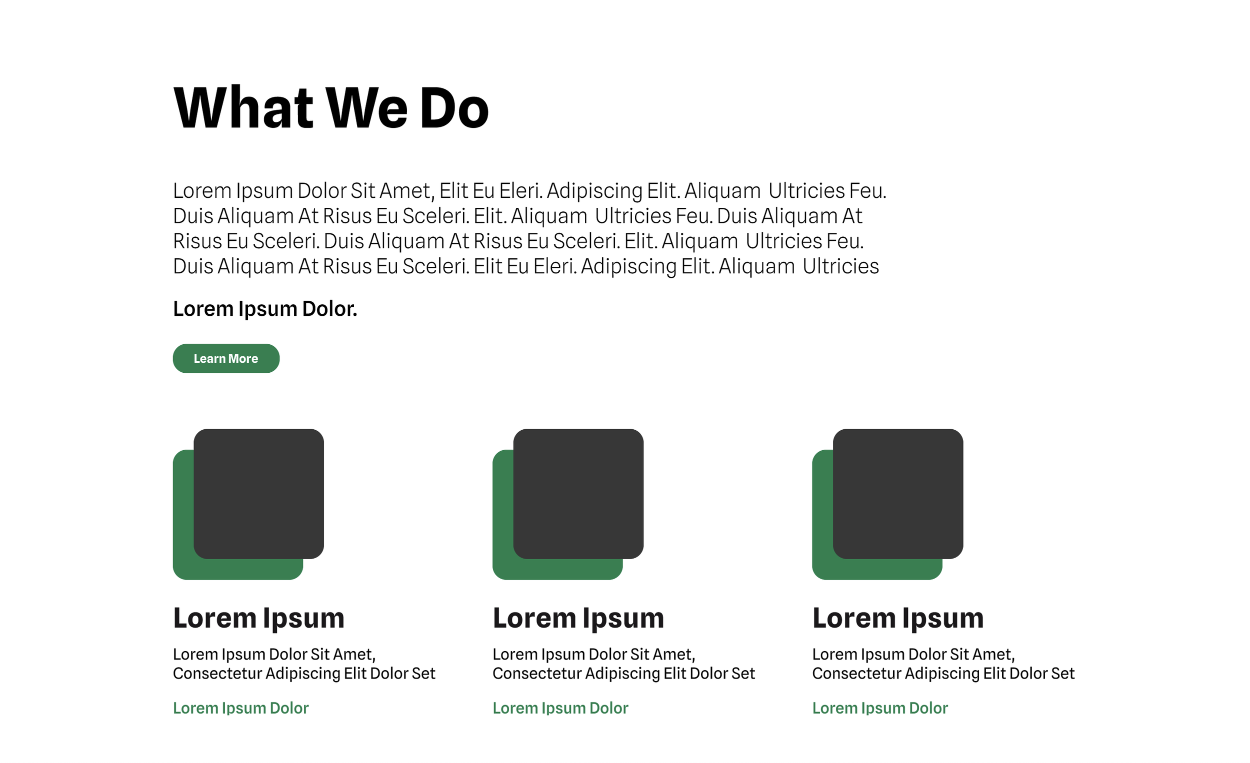 A webpage titled 'What We Do' with placeholder text, a green 'Learn More' button, and three sections with icons and headings 'Lorem Ipsum', each with a description and green link.