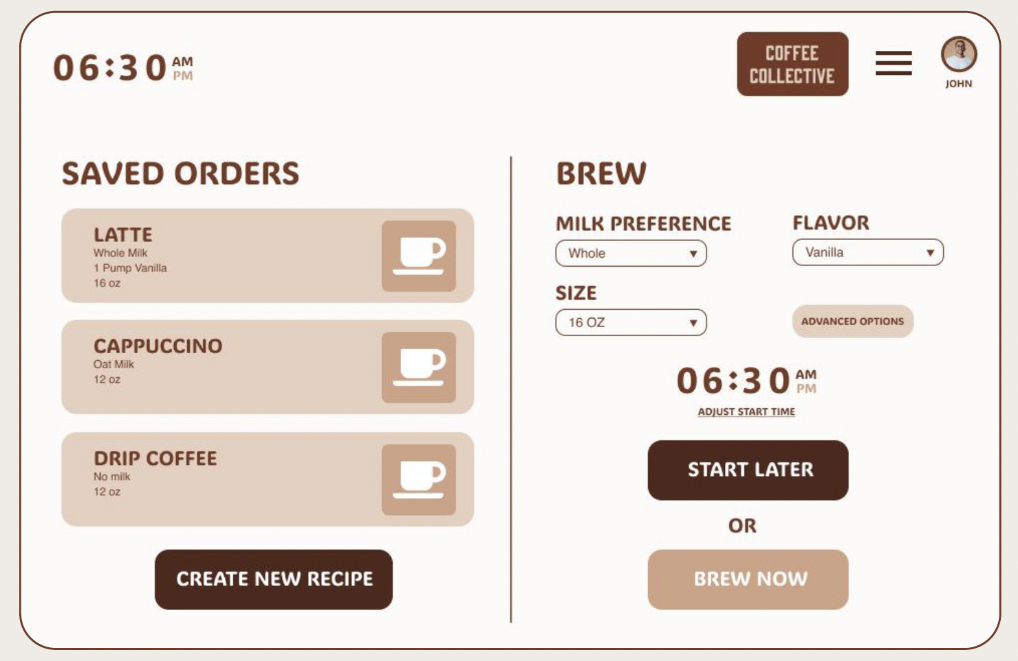 Coffee ordering app interface showing saved orders, brew options, and start time for coffee
