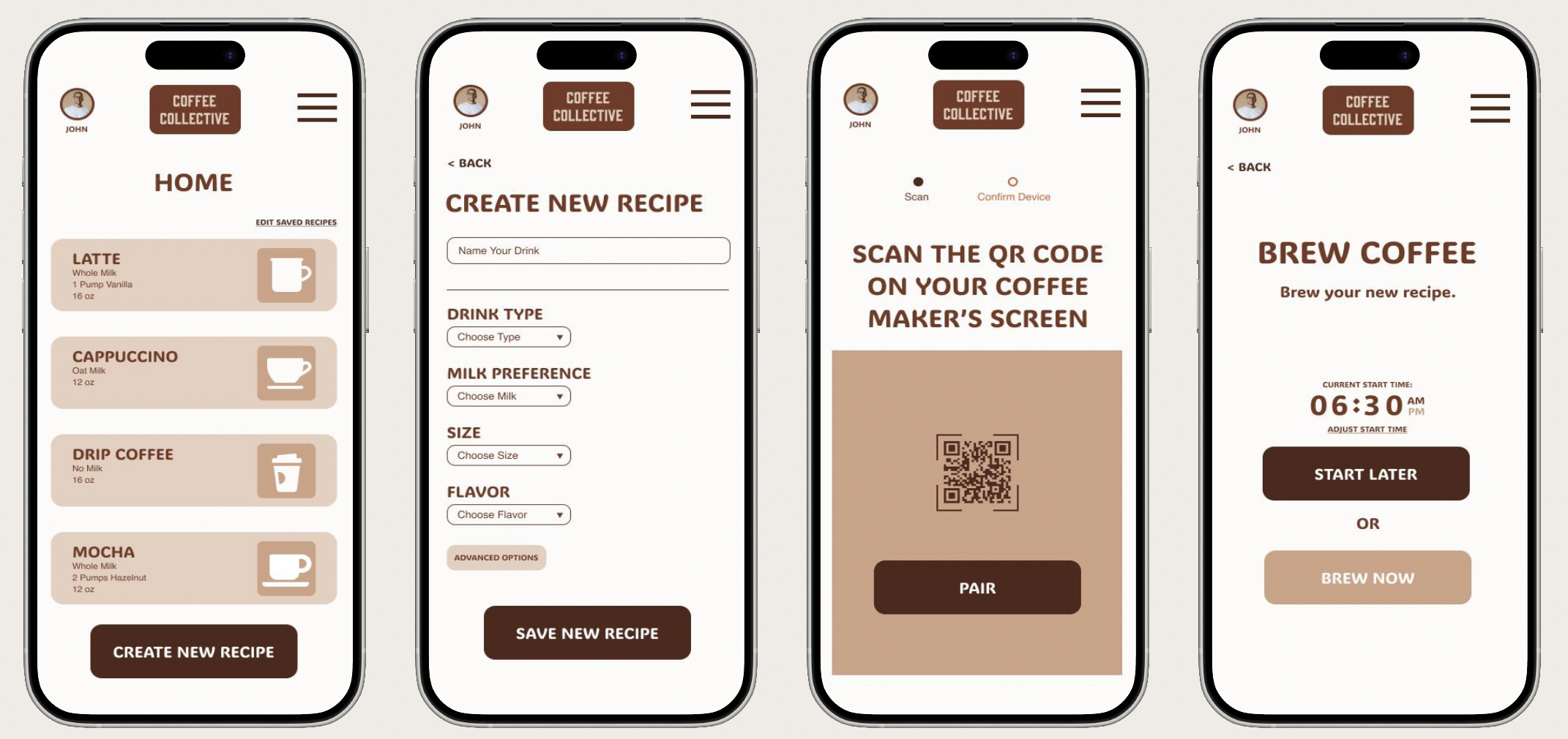 Screenshots of a coffee app showing different stages: a list of coffee recipes, a form to create a new recipe, a QR code scanner for coffee maker, and brewing a new coffee recipe.