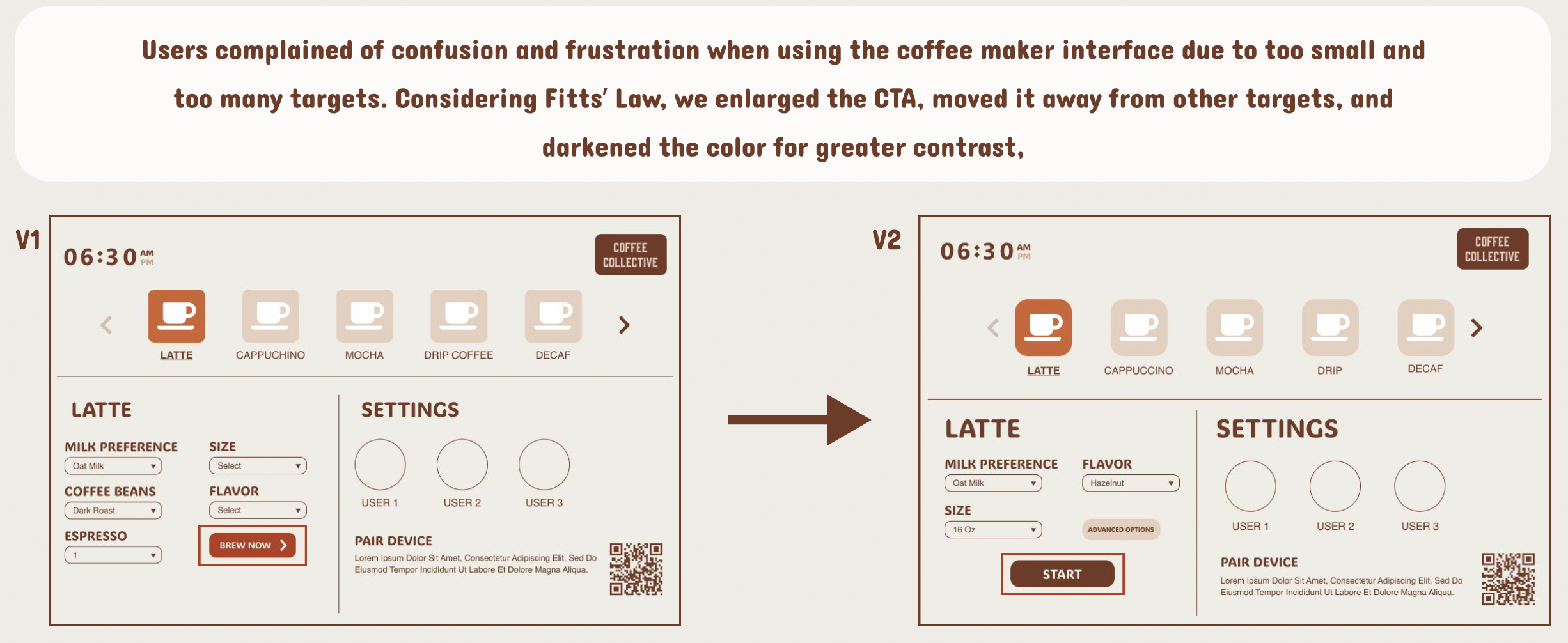 Comparison of user interface screens for a coffee machine, showing small and darkened target areas for easier selection.