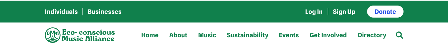 Website header of Eco-conscious Music Alliance with navigation links for individuals, businesses, log in, sign up, donate, and menu options for home, about, music, sustainability, events, get involved, and directory.