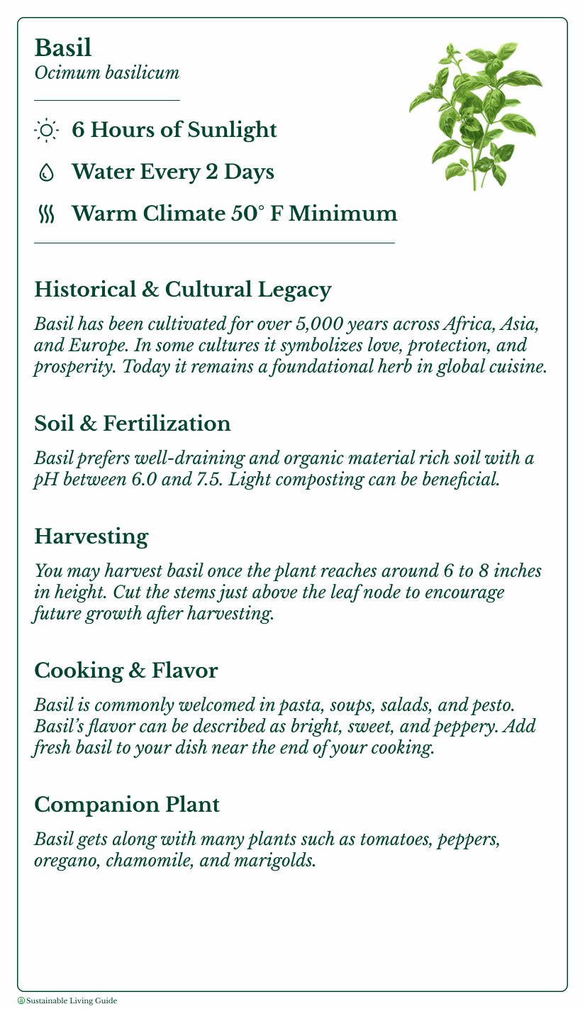 Information about basil, including its scientific name (Ocimum basilicum), sunlight, watering, temperature needs, cultural significance, soil preferences, harvesting tips, culinary uses, and companion plants, with a small illustration of basil leaves.
