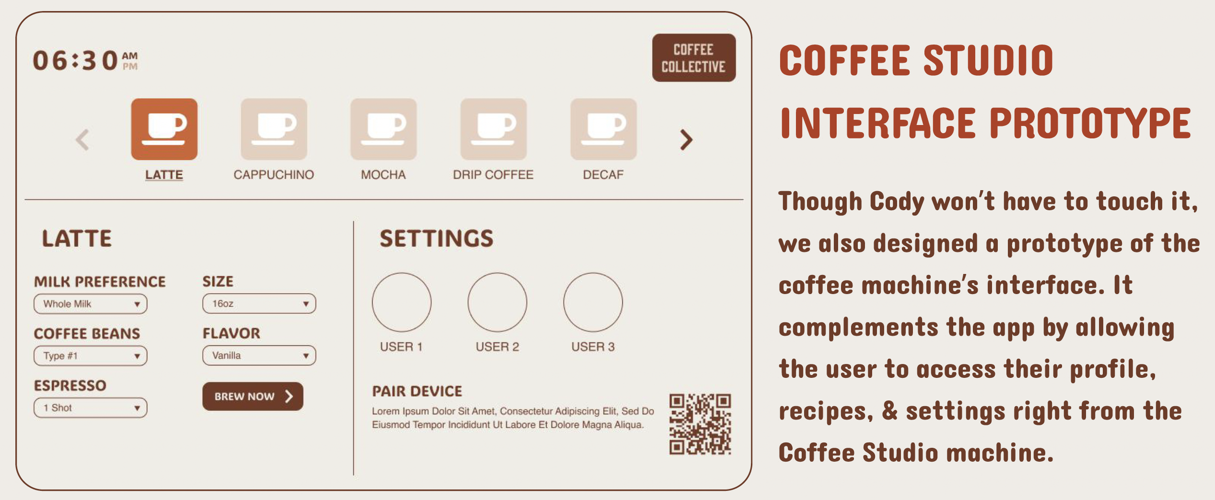 Coffee machine interface prototype showing options for coffee types, milk preference, size, coffee beans, flavor, and espresso shots, with a section explaining its purpose and a QR code.
