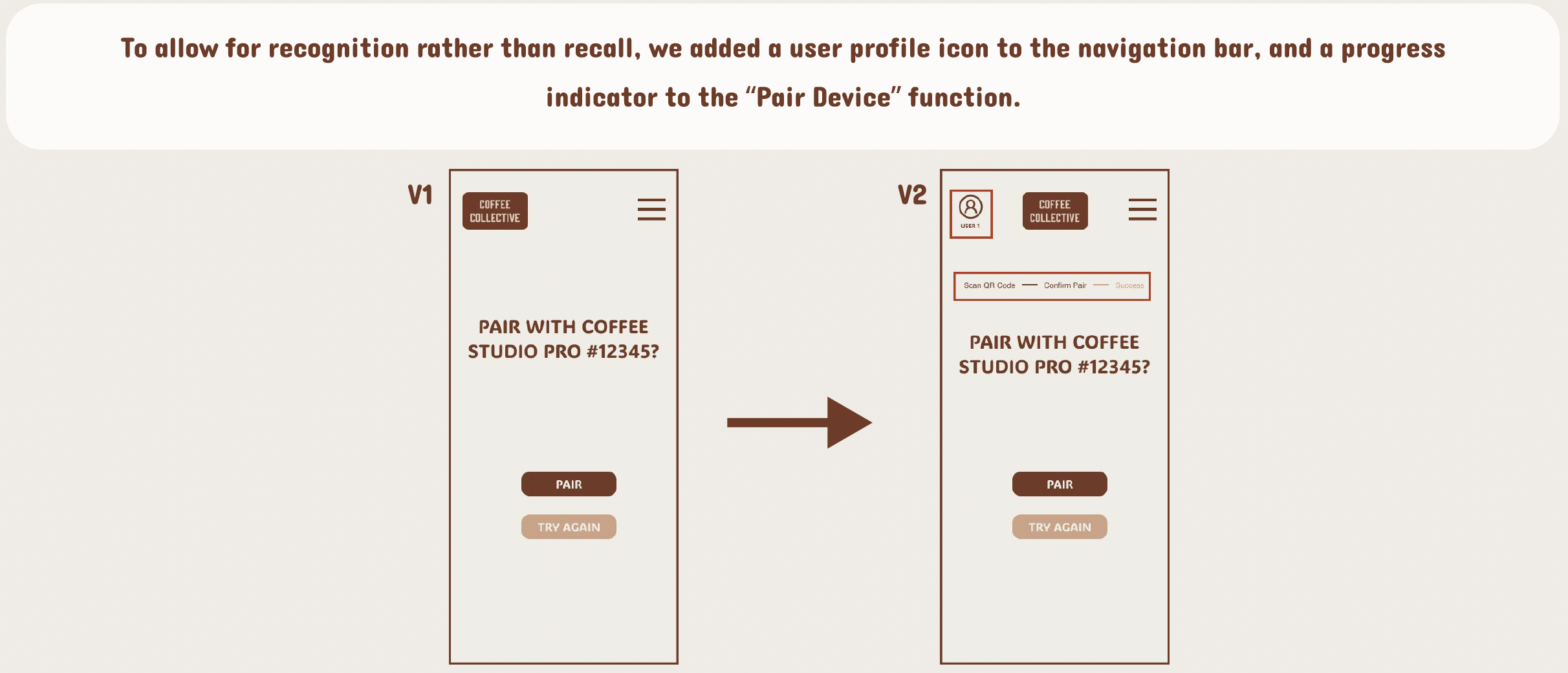 Comparison of two app screens demonstrating a user profile icon added to the navigation bar and a progress indicator for a 'Pair Device' feature. The left screen displays version 1 with a menu icon, while the right screen shows version 2 with a user profile icon, a QR code scan section, and a success message for the pairing process.