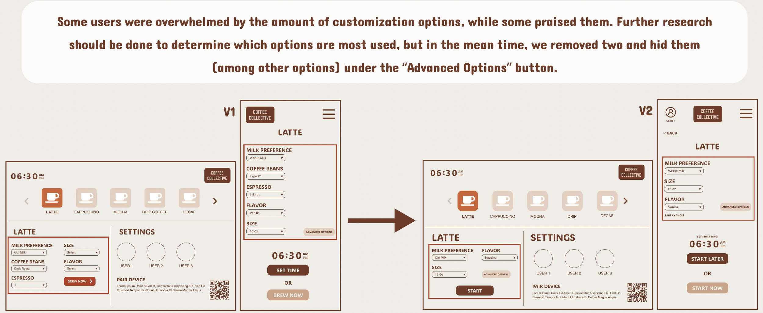 Comparison of two mobile app interface designs for a coffee ordering system, showing customization options like milk preference, size, flavor, and espresso shot, with buttons for setting time or starting order.